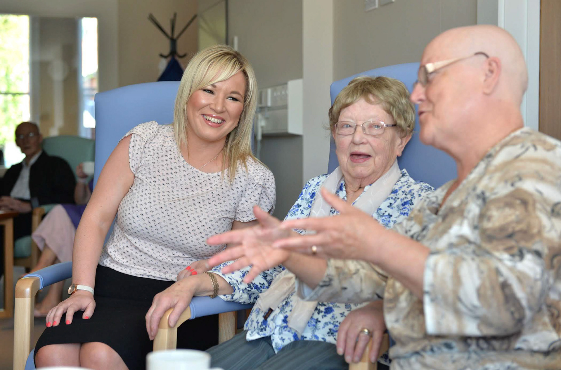 Health Minister Michelle O'Neill talks to patients at the newly refurbished NI Hospice on Somerton Road. The minister visited the Hospice today to see for herself the new state of the art facilities.Photo by Aaron McCracken/Harrisons