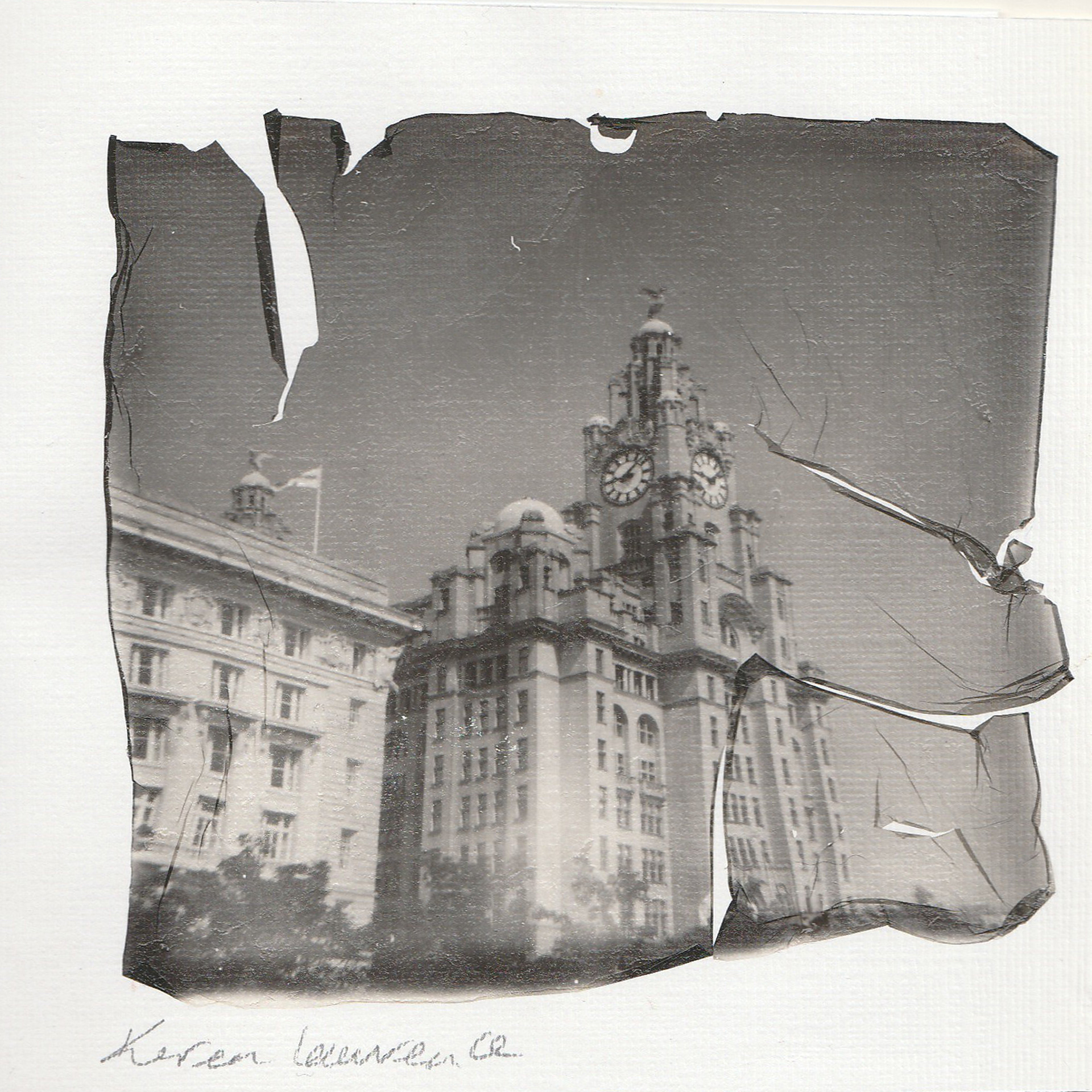 Liverpool Liver Buildings     Polaroid Lift onto Watercolour Paper. The rips and tears are unique to each individual piece of work.