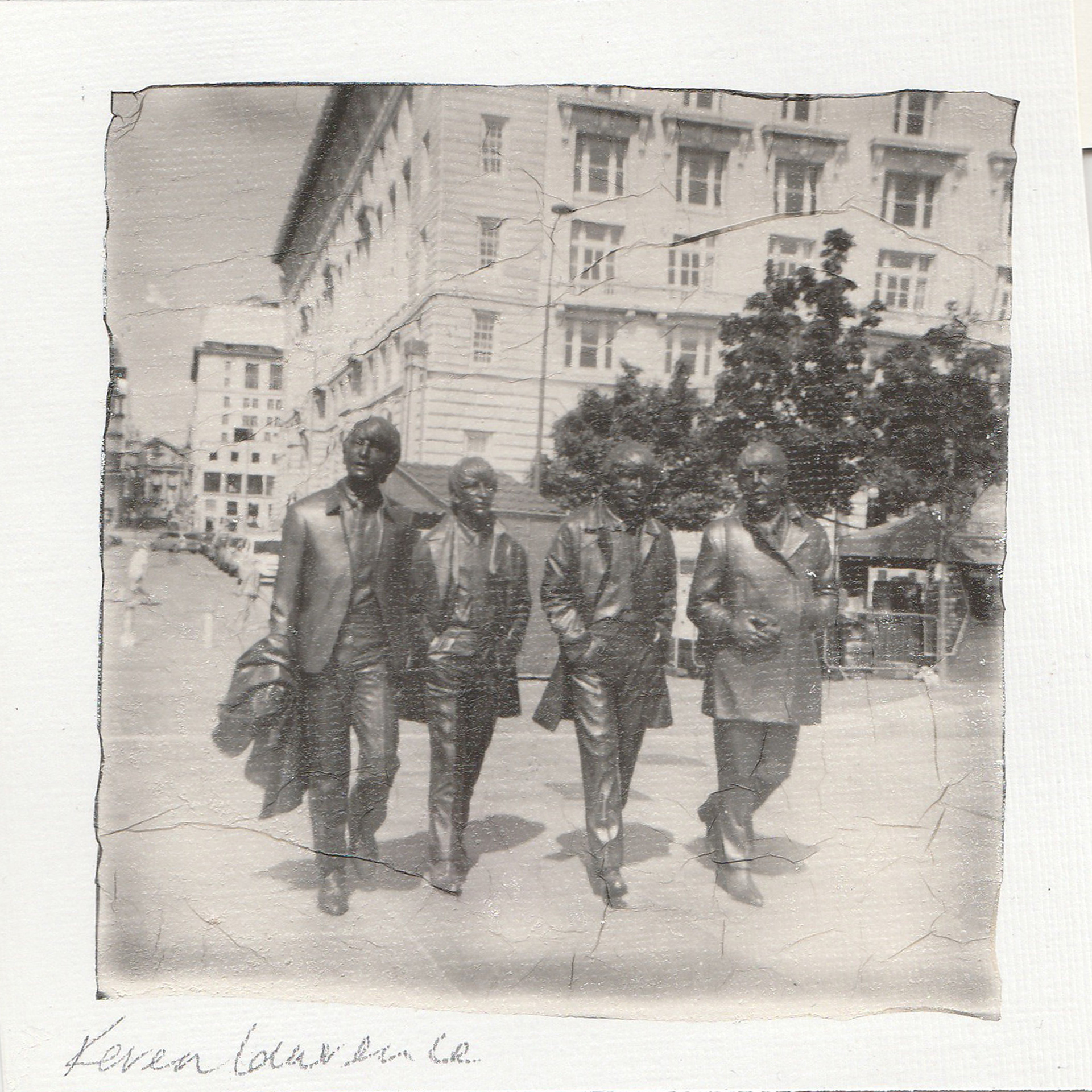 Iconic Beatles statue Liverpool  Pier Head  Polaroid Lift onto Watercolour Paper