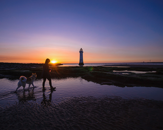 Young girl walking her dog along the beach at sunset. She casually walks through the rock pools with her dog looking out towards the Irish Sea where the sun is just starting to dip below the horizon. The sky is a beautiful violet with a warm golden glow along the horizon. The light is reflected in the rock pools that surround the old lighthouse, the sentinel of the sea standing guard at the mouth of the river Mersey