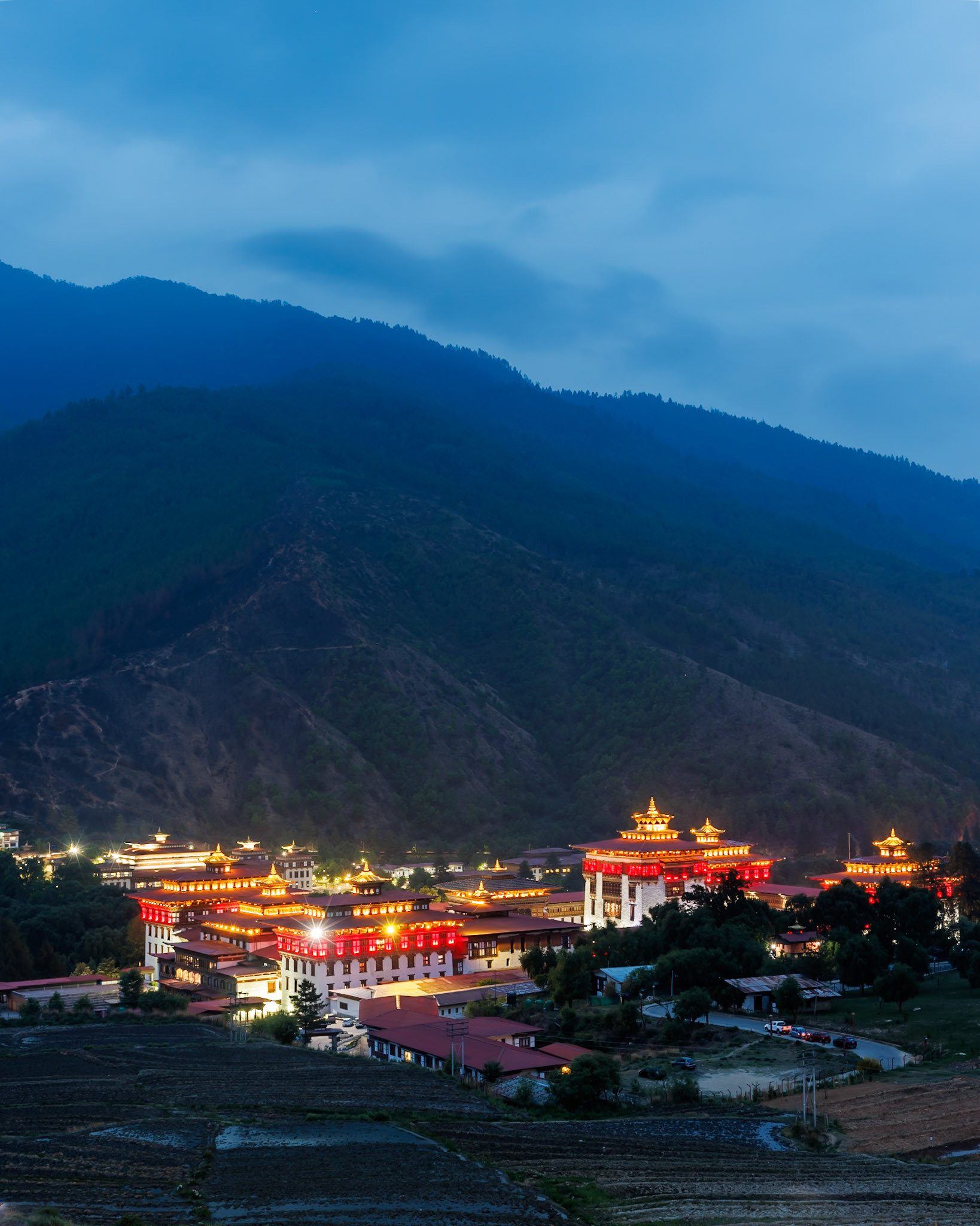 A night view of the Tashichho Dzong in Thimphu, the capital of Bhutan.