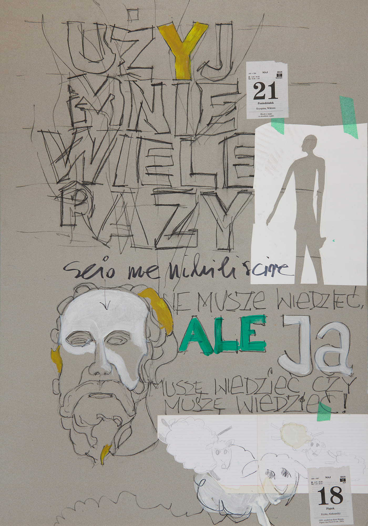 "Dziennik", 2018 r. akryl, papier, węgiel na tekturze, 100 x 70 cm