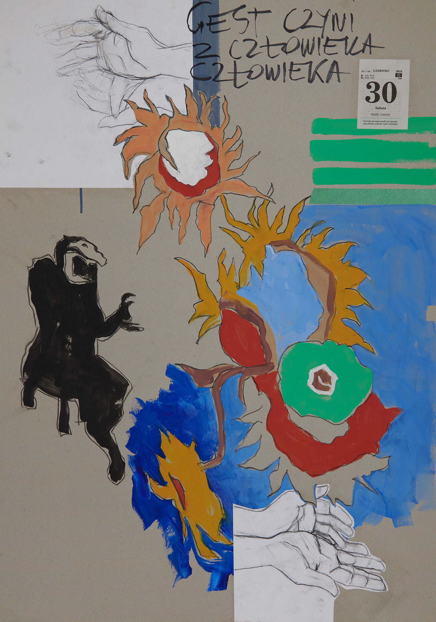 "Dziennik", 2018 r. akryl, papier, węgiel na tekturze, 100 x 70 cm