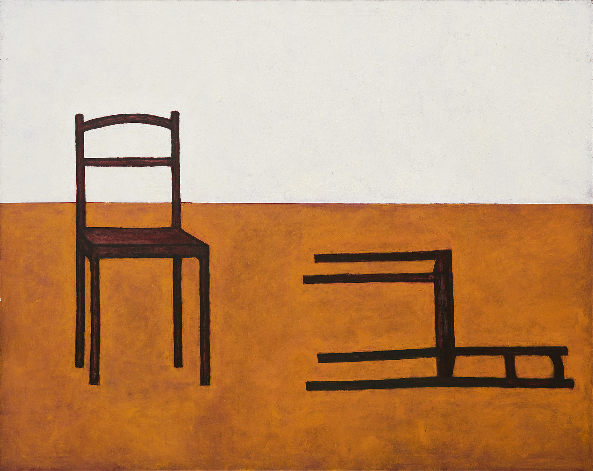 One is standing and the other one is lying, oil and paste wax on canvas, 135x170 cm, 2017  / Jedno stoi, drugie leży, olej i pasta woskowa na płótnie, 135x170 cm, 2016