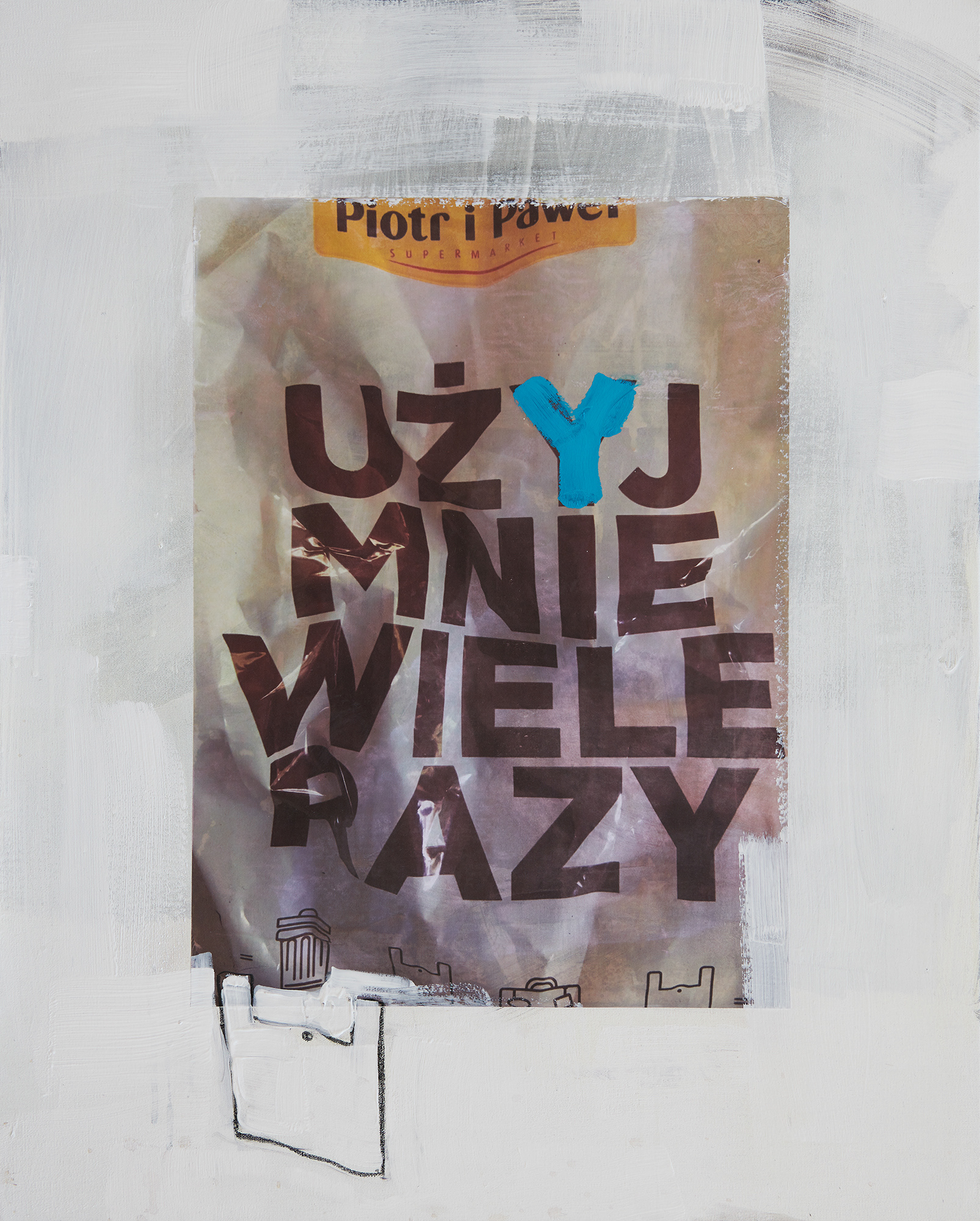 "Użyj mnie wiele razy", z cyklu "Obrazy o relacjach", 2018 r. akryl, olej, papier, węgiel na płótnie, 81 x 65 cm