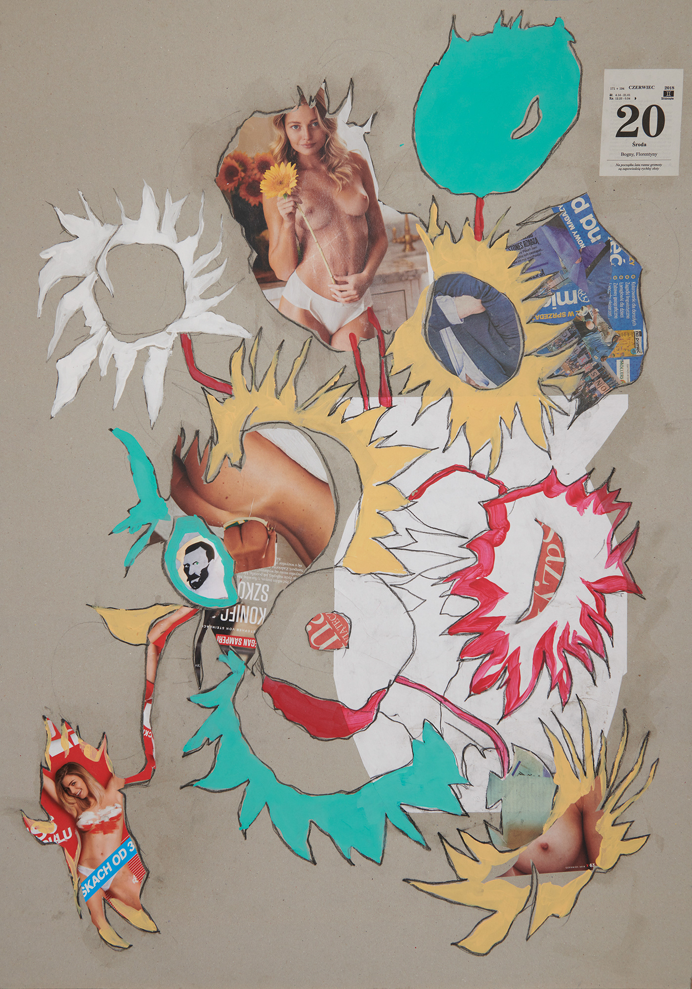 "Dziennik", 2018 r. akryl, papier, węgiel na tekturze, 100 x 70 cm