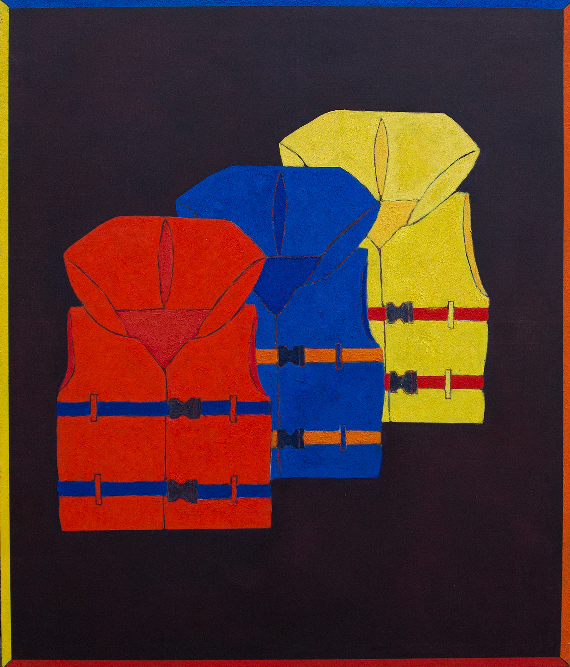 Any colour you like (life jackets), oil and paste wax on canvas, 130x110 cm, 2019 / Any colour you like (Kamizelki), olej i pasta woskowa na płótnie, 130x110 cm, 2019