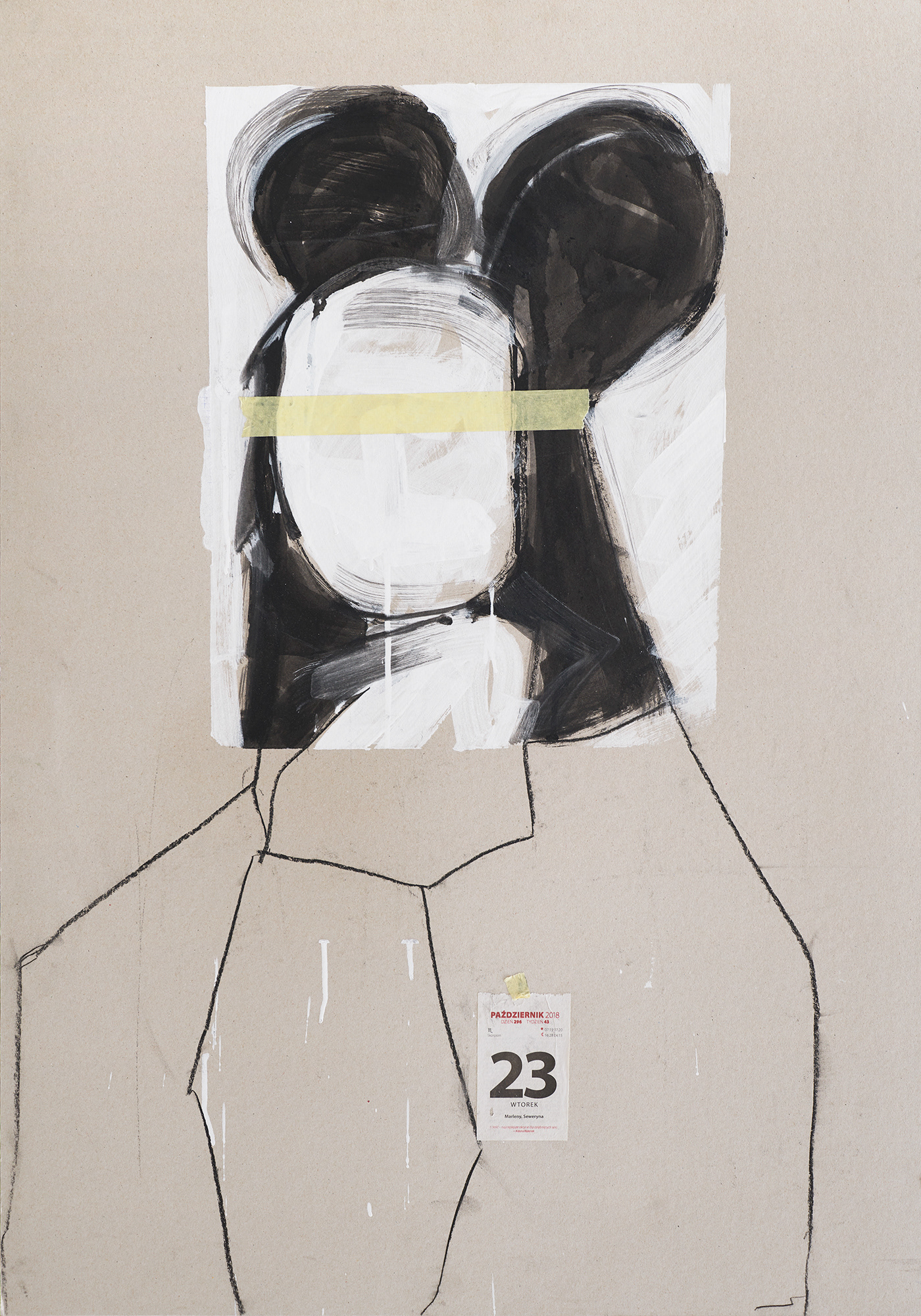 "Dziennik", 2018 r. akryl, papier, węgiel na tekturze, 100 x 70 cm