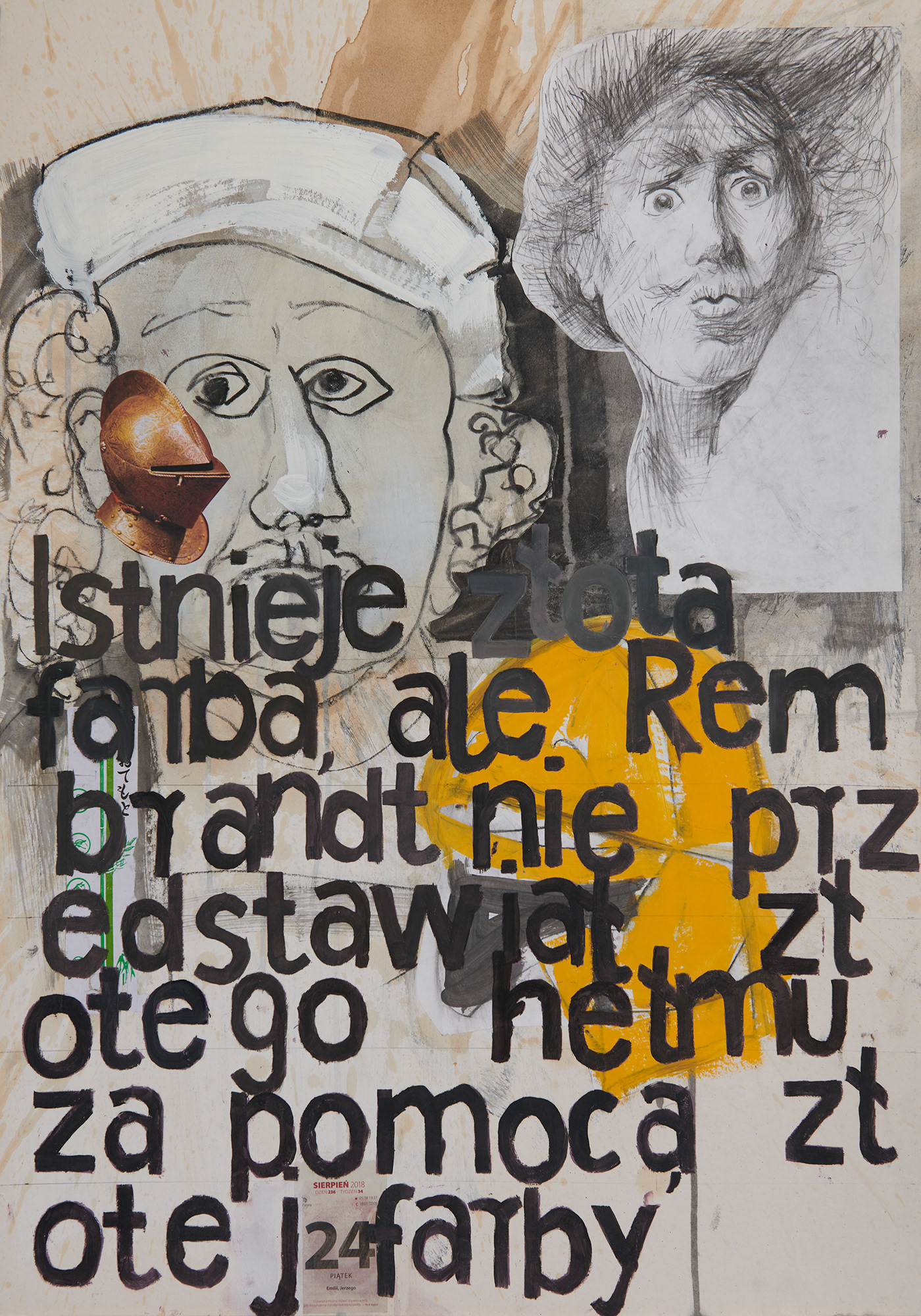 "Dziennik", 2018 r. akryl, papier, węgiel na tekturze, 100 x 70 cm