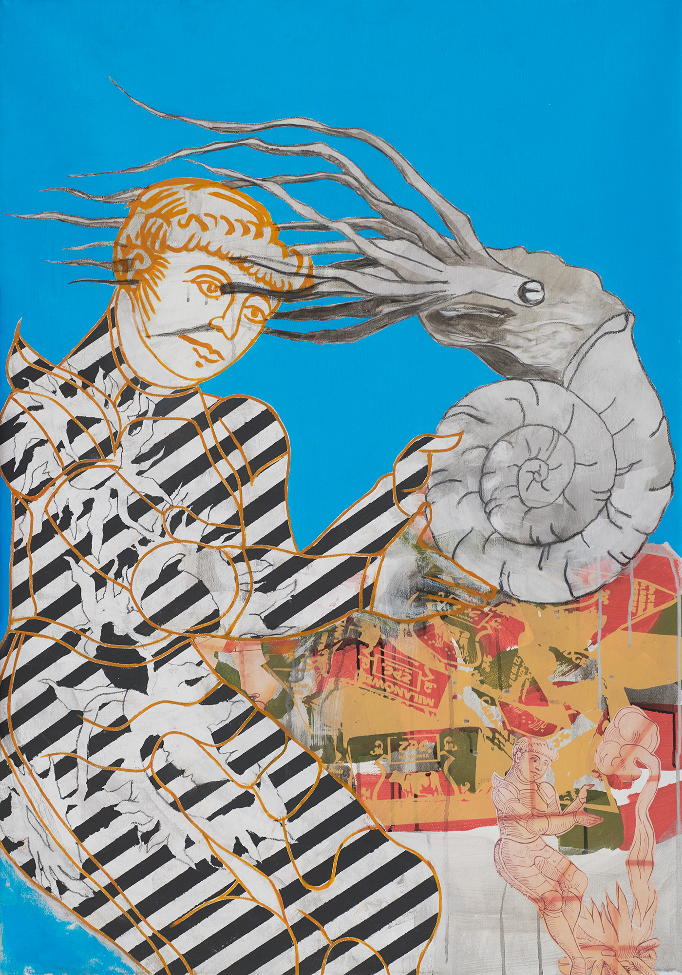 "Kebab Eater After Sigmar Polke", 2018 r. akryl, olej, papier, węgiel na tekturze, 100 x 70 cm