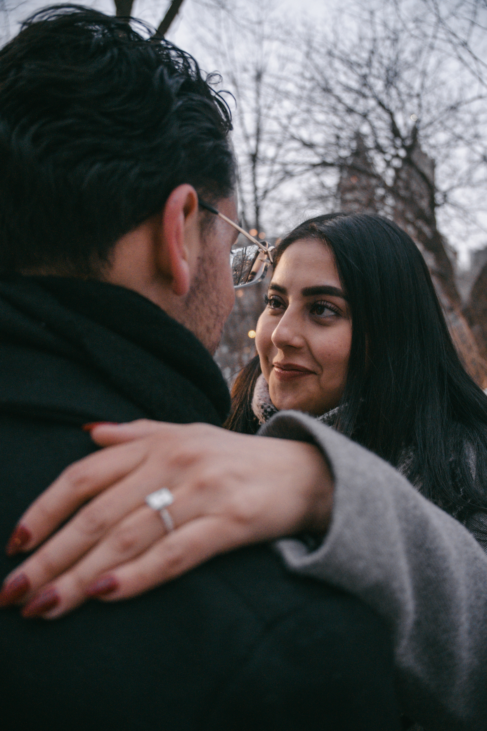 Close up photo of a couple during a winter engagement session in Central Park