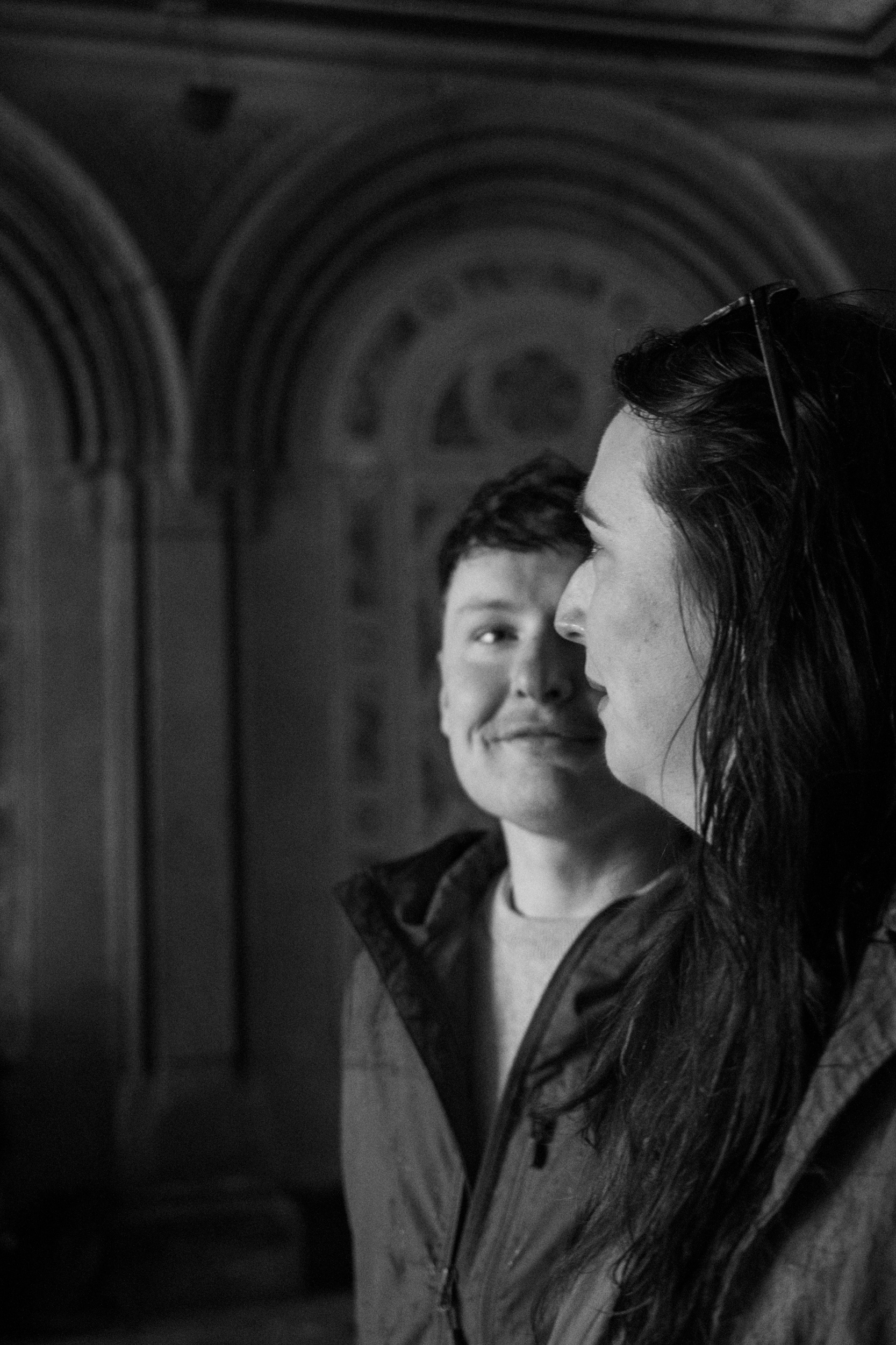 black and white photo of a couple at Bethesda Terrace