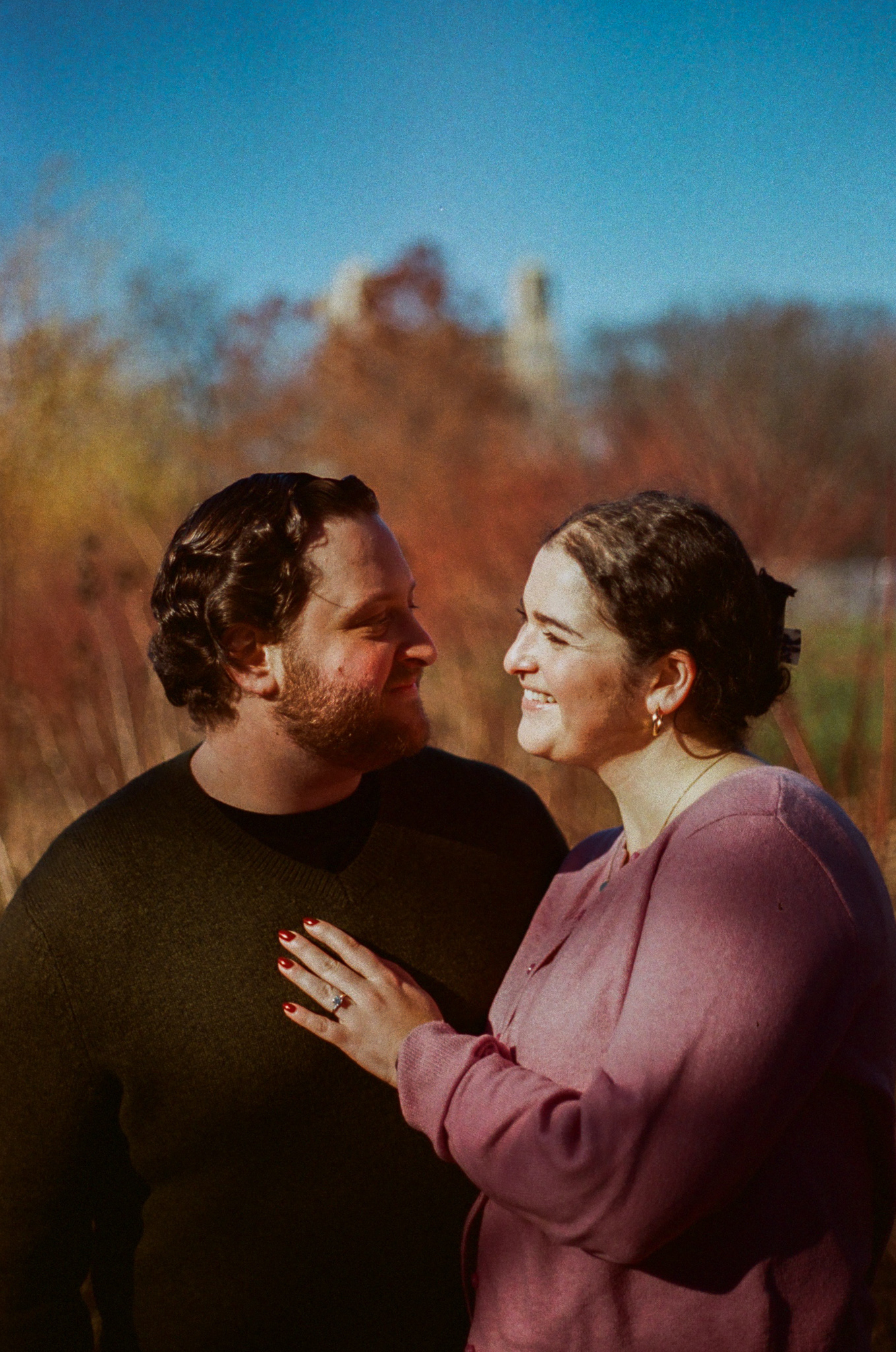 Engagement session of couple at The Pond, Central Park, NYC, shot on 35mm film