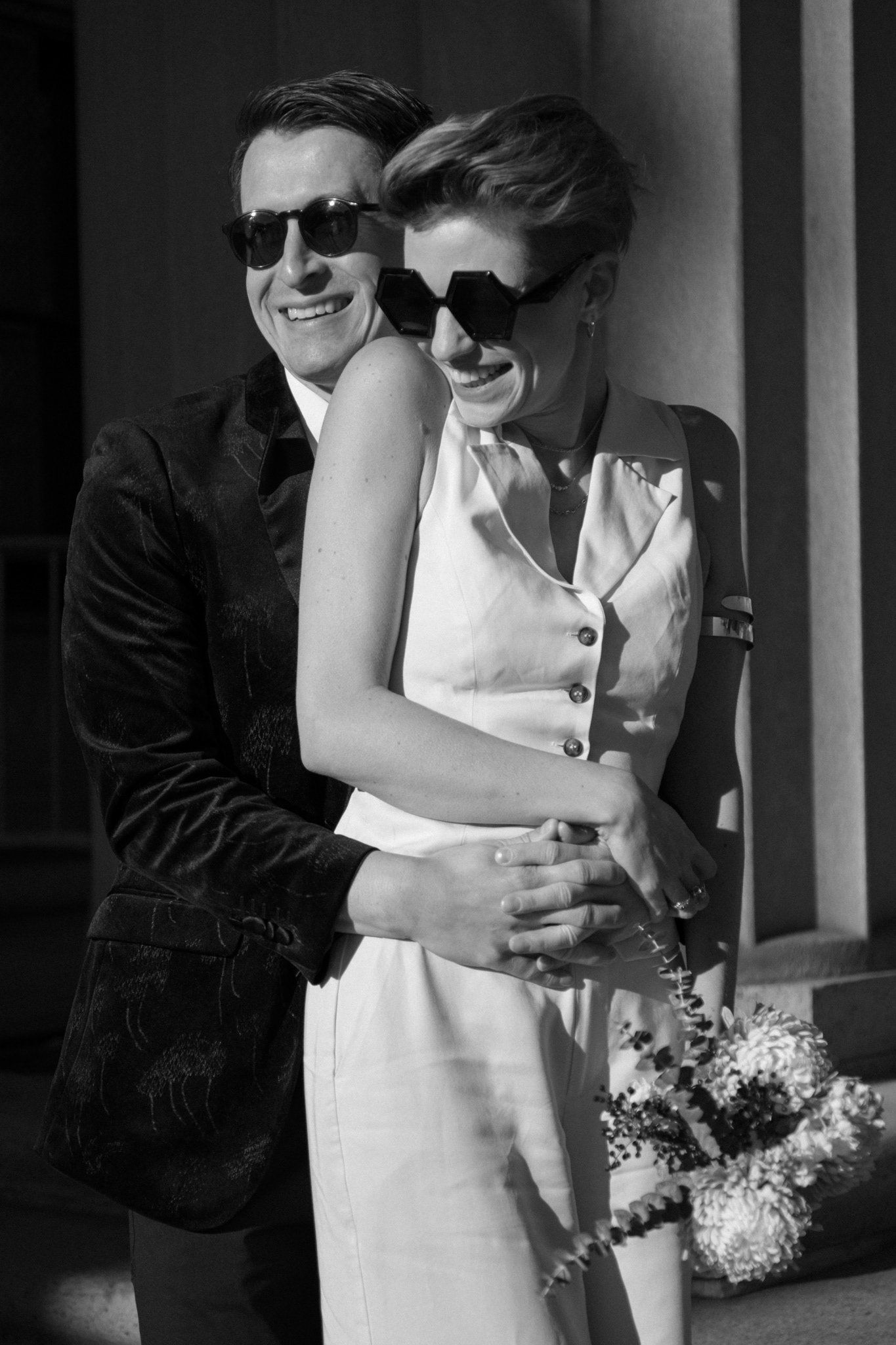 Black and white portrait of a couple after a city hall wedding