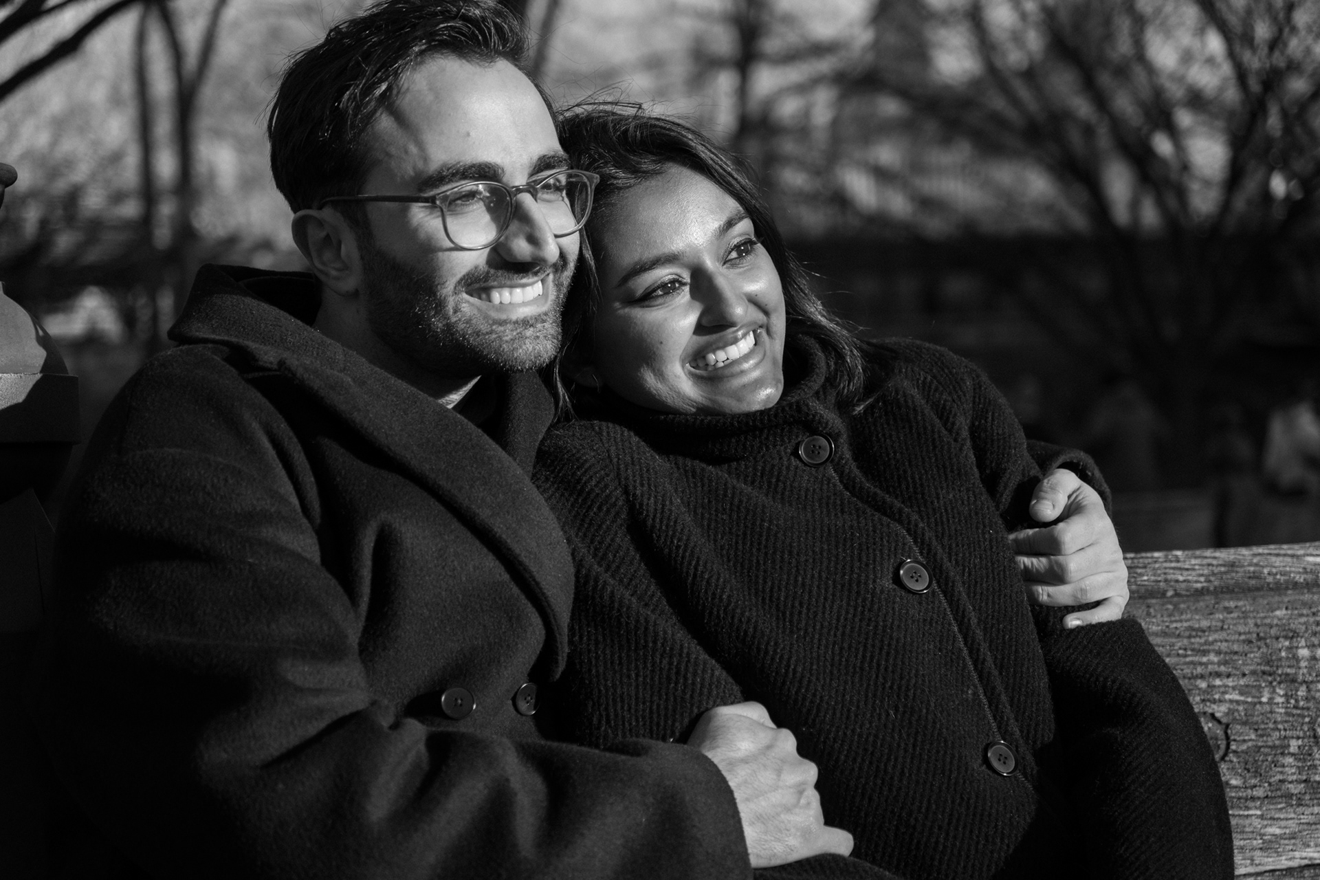 black and white candid portrait of a couple during a proposal in Central Park