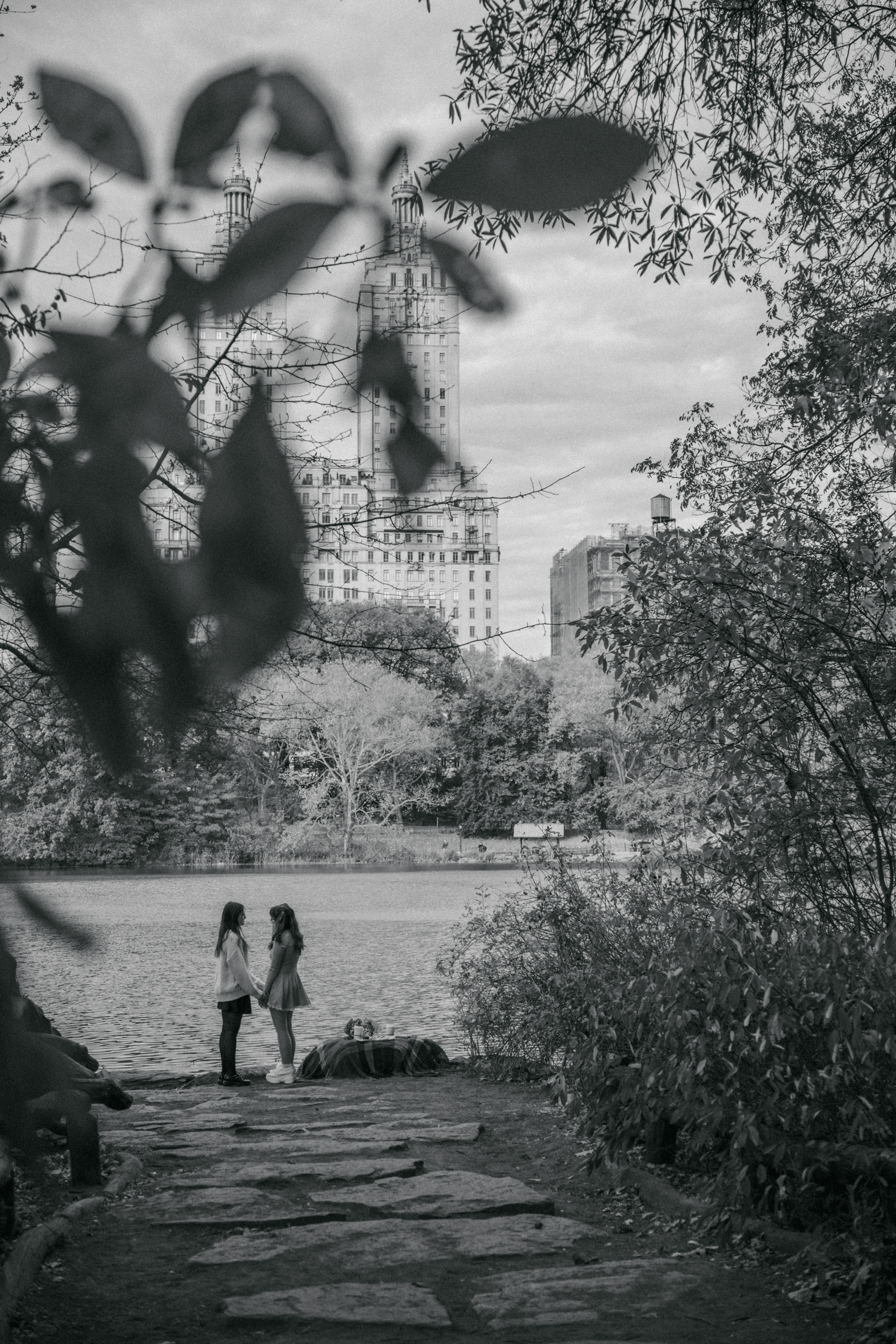 A lesbian couple holding hands during their proposal in Central Park