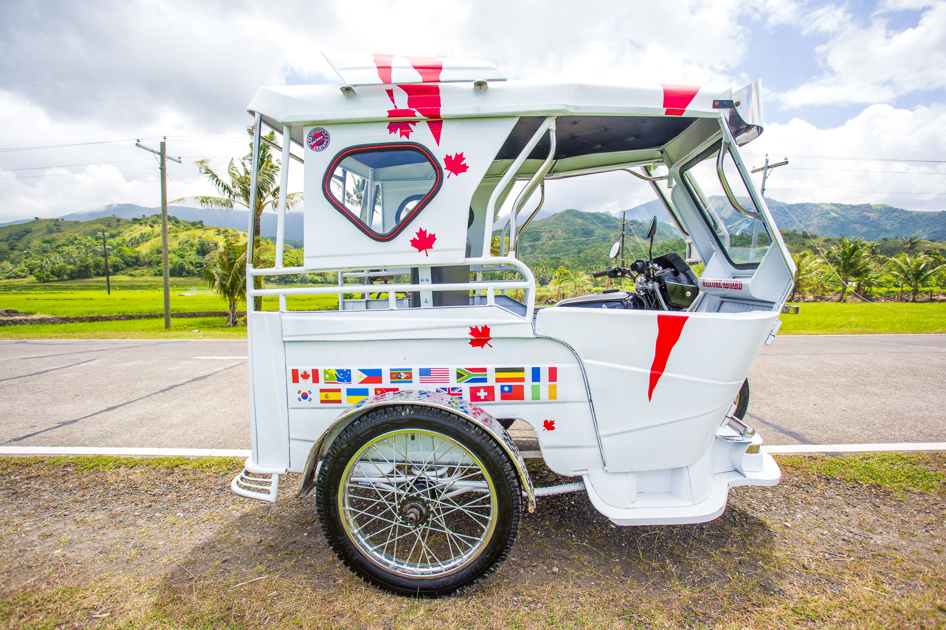 Finished trike with the decals we had custom made. A flag for every country that donated to the project.