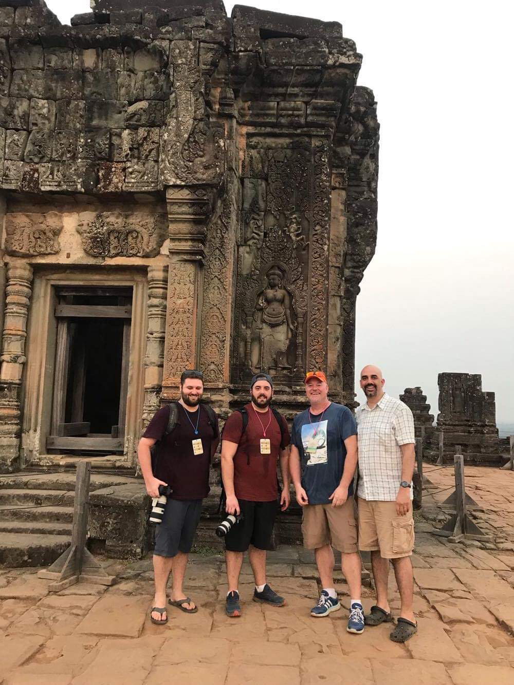 Shaun, Claus, Mounir and Dillon all smiles exploring the temples of Angkor. Dillon joined the team an hour earlier concluding a 26 hour trip from Vancouver, BC to Siem Reap.