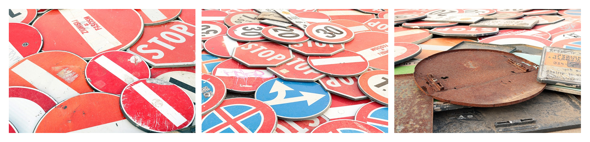 Three close-up views of Concerto 0 showing overlapping weathered traffic signs, scratched reflective surfaces and the rusted reverse of a decommissioned sign.