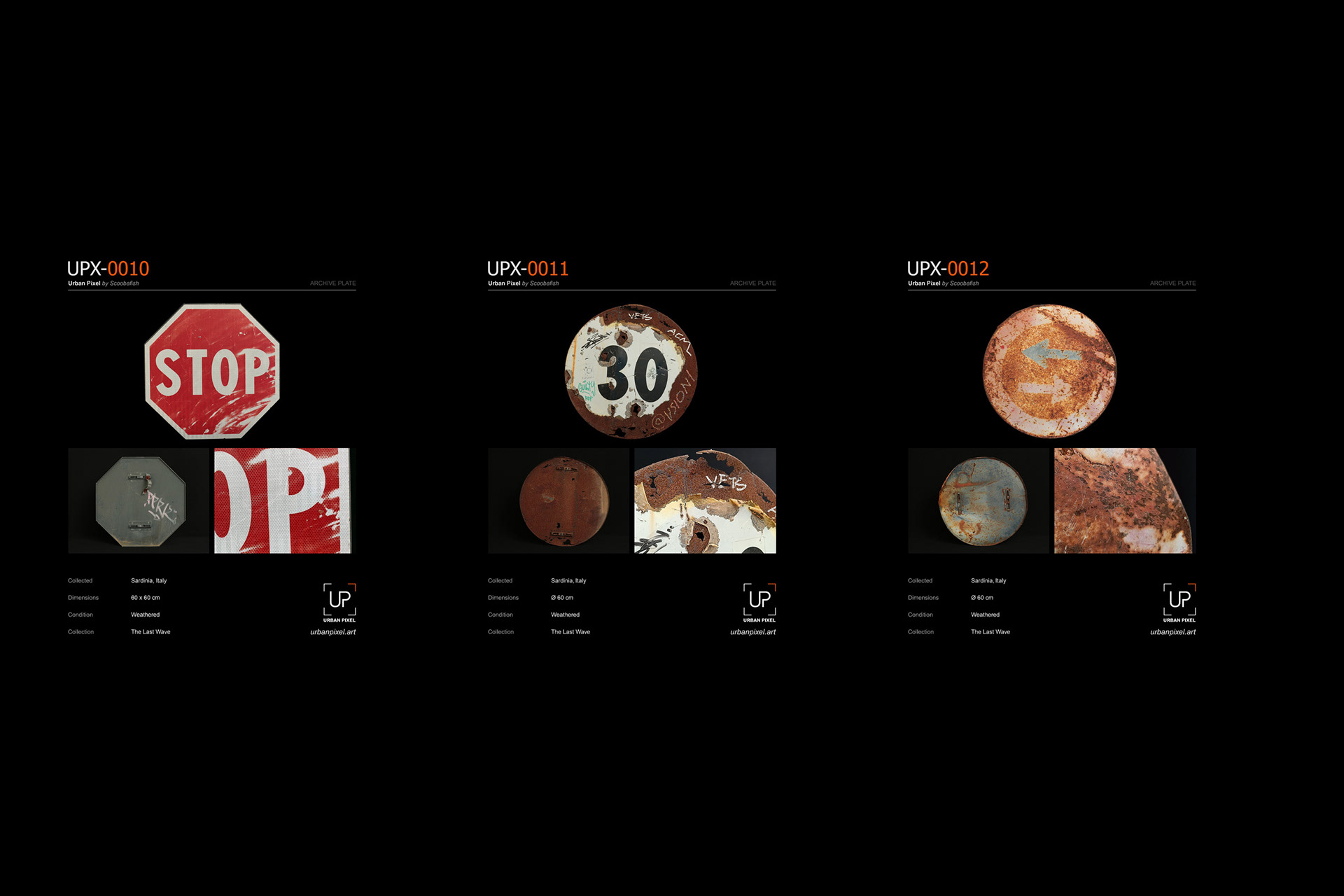 Three Urban Pixel archive plates documenting decommissioned traffic signs UPX-0010, UPX-0011 and UPX-0012, including front, reverse and material details.