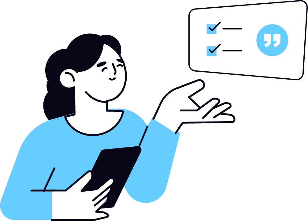 Illustration of a women holding a tablet with a blurb next to her
