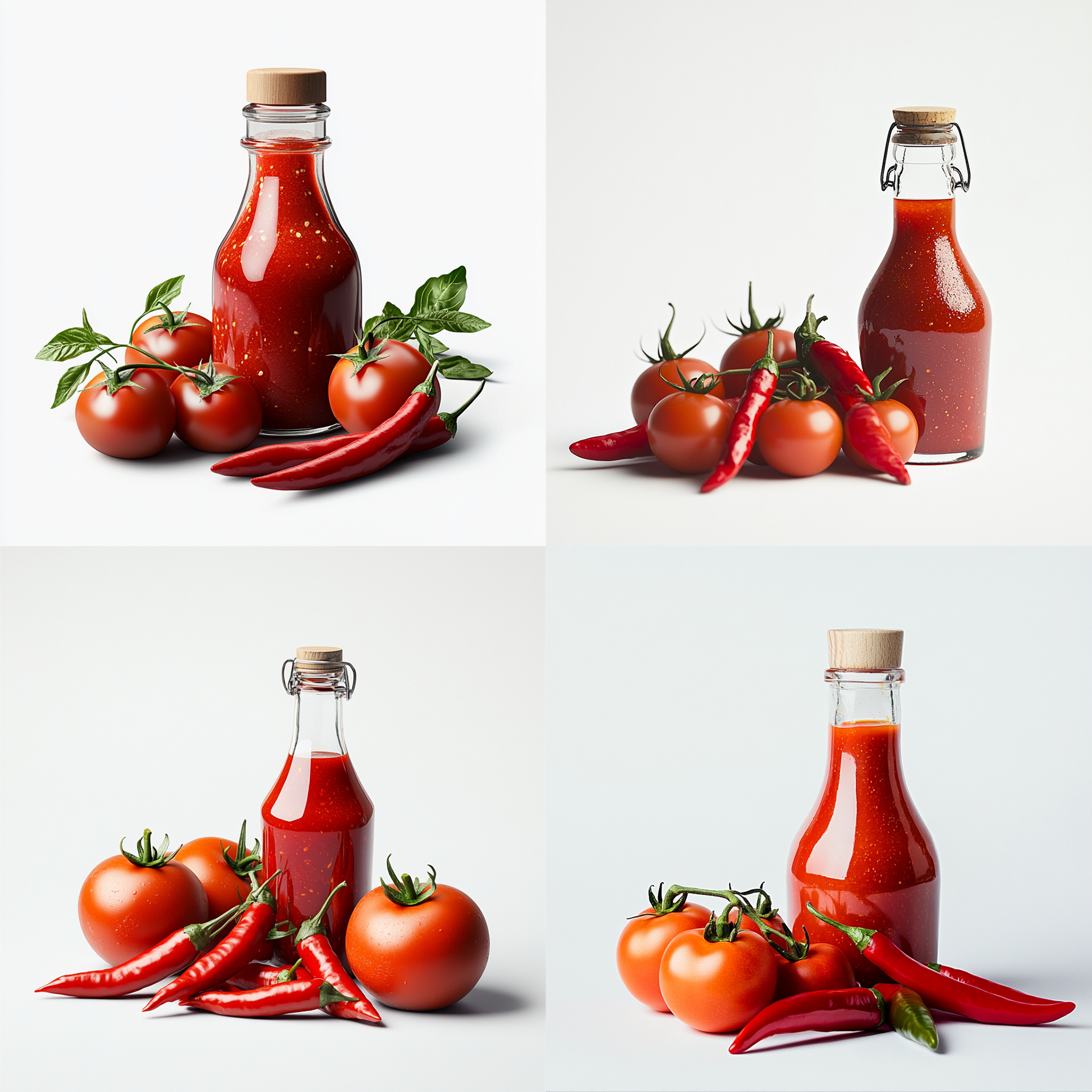 A highly realistic photograph of a few fresh tomatoes and chili peppers, carefully placed around a glass bottle of hot sauce. The composition is more minimalistic, with fewer ingredients to create a balanced and uncluttered visual. The tomatoes and chilies still have vibrant colors and natural textures, adding an organic feel. The glass bottle is simple and transparent, showcasing the rich, deep red sauce inside. The shot is taken from a slightly wider angle, allowing more space around the subject for a clean and composed look. The background remains a pure white, making the colors stand out, while soft, natural lighting casts gentle shadows and highlights to enhance the realism.