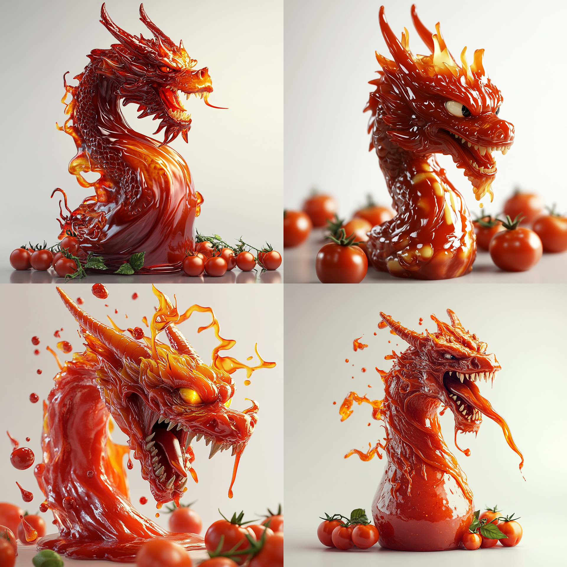 A highly detailed, ultra-realistic 3D render of a dragon made entirely of ketchup, emerging dynamically from a ketchup bottle. The dragon is sculpted from flowing ketchup, taking the shape of a powerful head with fierce eyes, sharp features, and a dynamic expression. Its body is undefined, blending smoothly into the ketchup stream without visible limbs or wings. The dragon breathes fire, with vibrant orange and yellow flames contrasting against the deep red ketchup. Surrounding the bottle, fresh tomatoes are scattered, reinforcing the idea of pure tomato-based composition. The background is a smooth white-to-gray gradient, providing a clean and elegant contrast. The lighting is soft and realistic, enhancing the glossy texture of the ketchup while maintaining a dramatic and artistic feel.