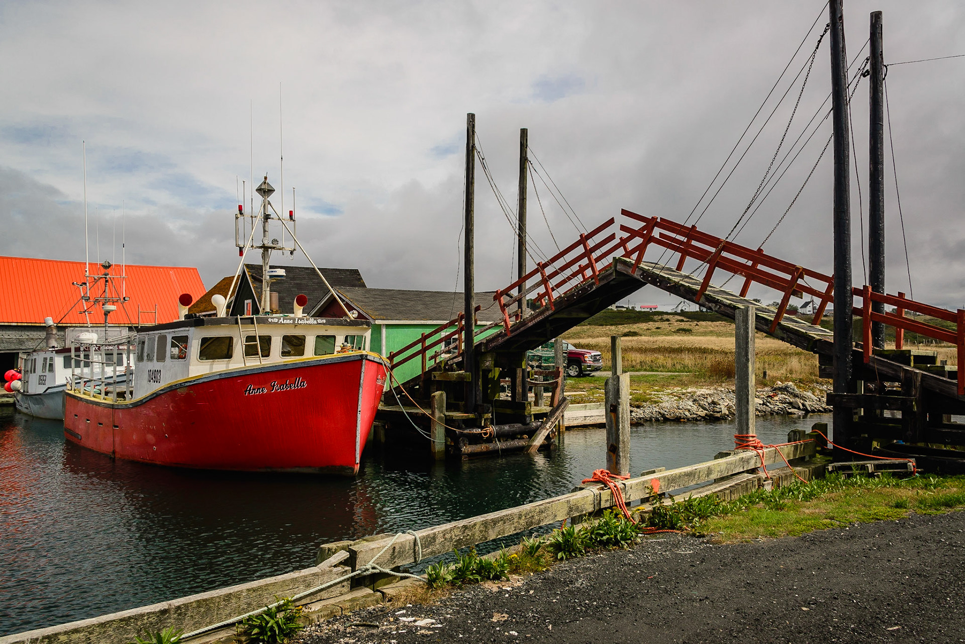 DTGD24752-Lobster boats at Sanford Wharf, NS, Sanford Draw Bridge