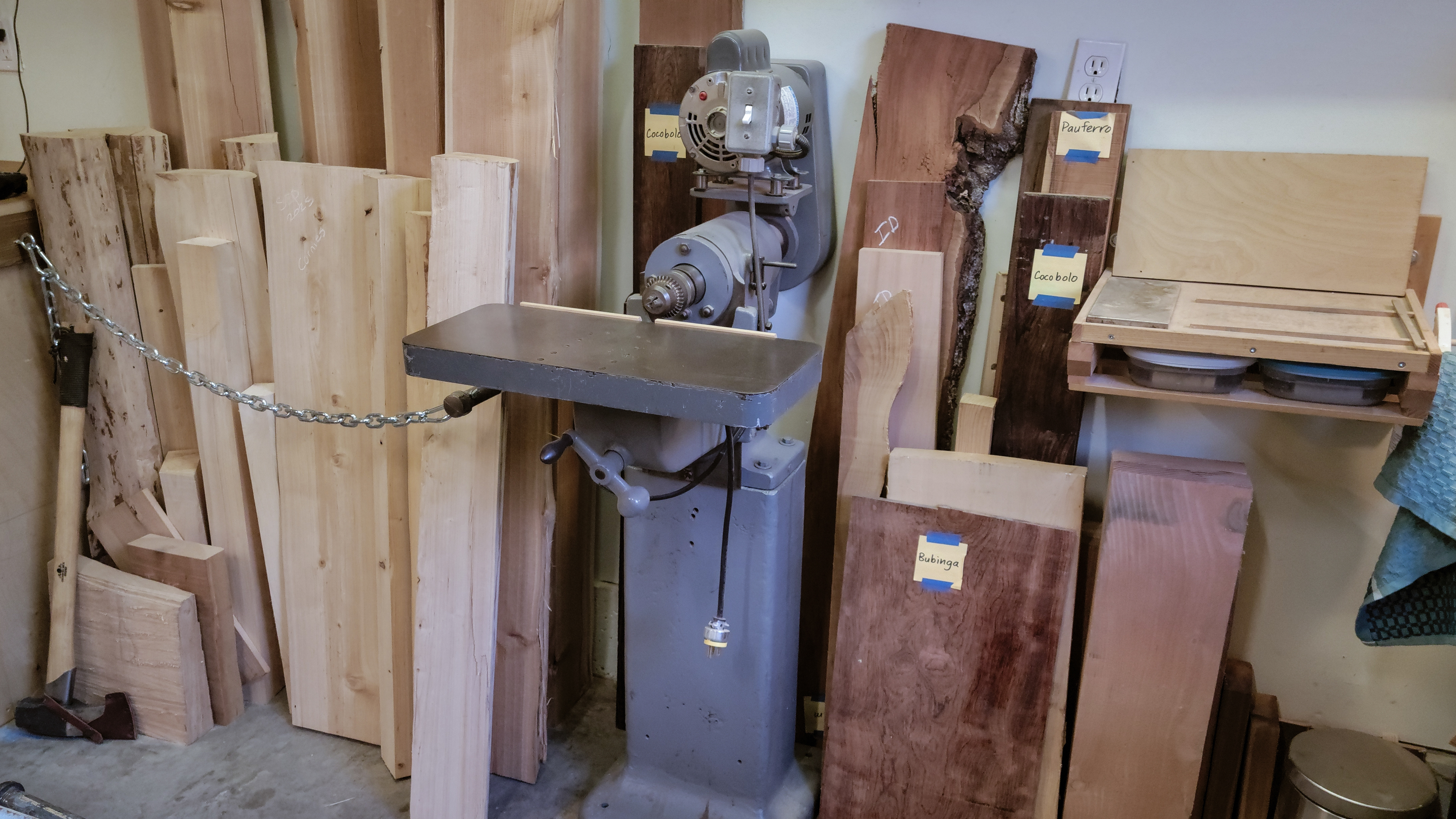 Davis & Wells Horizontal Boring Machine. This rare little machine is rather important to my shop. I obtained this one from school. This machine allows for mortising in tenon operations.