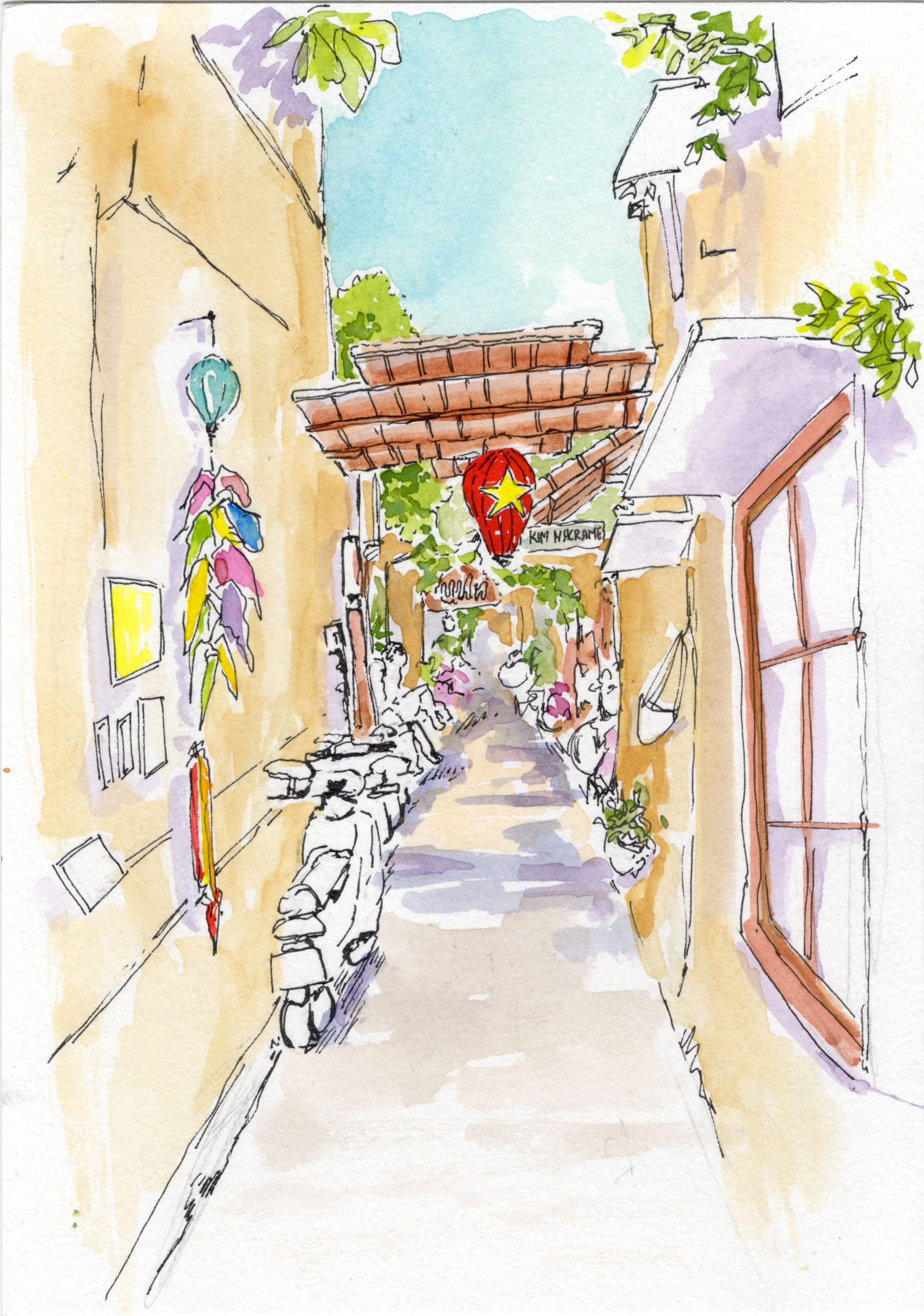 Hoi An street - 14,8x21 cm - aquarelle, encre de Chine