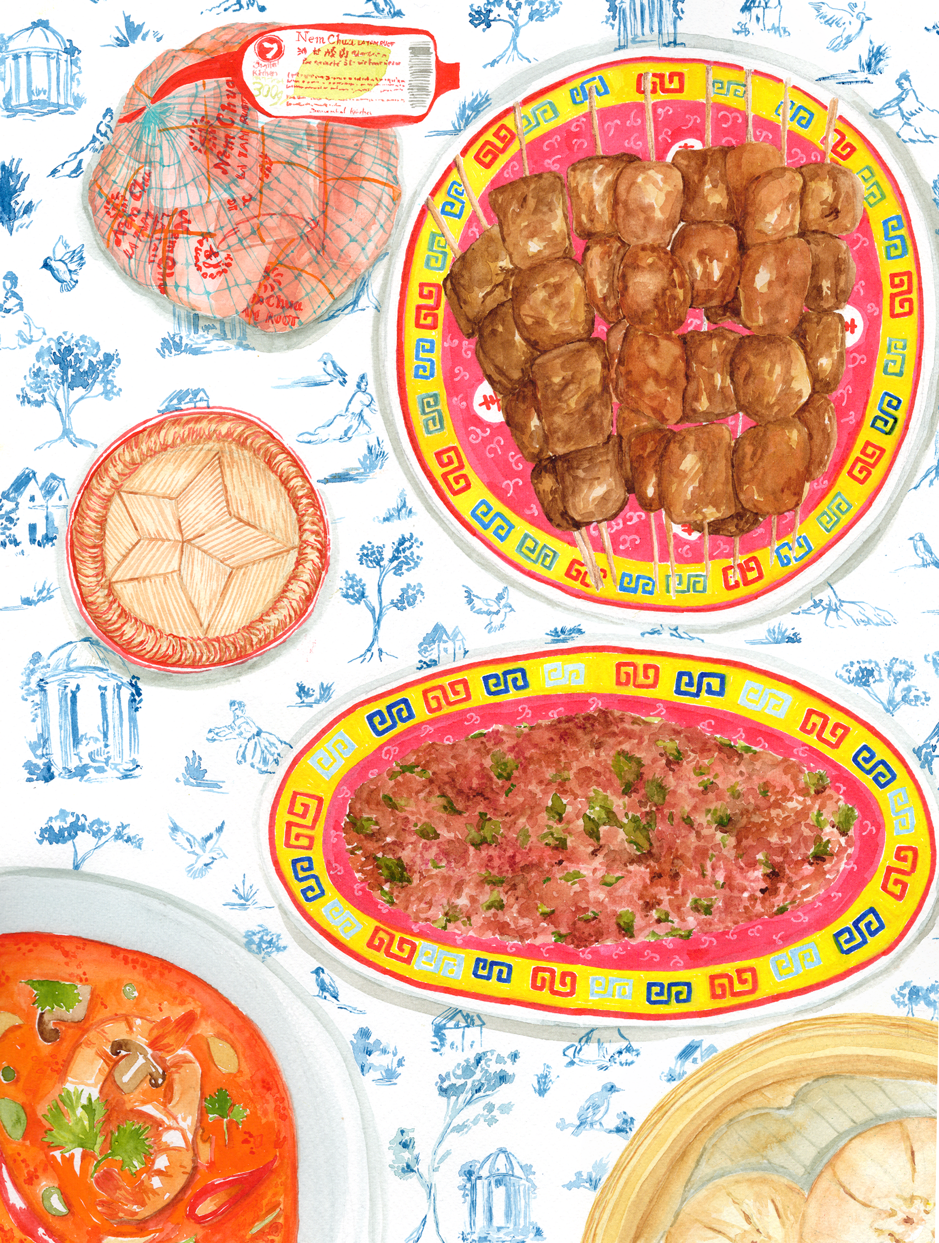 Pique-nique lao - 31x41 cm - aquarelle, acrylique