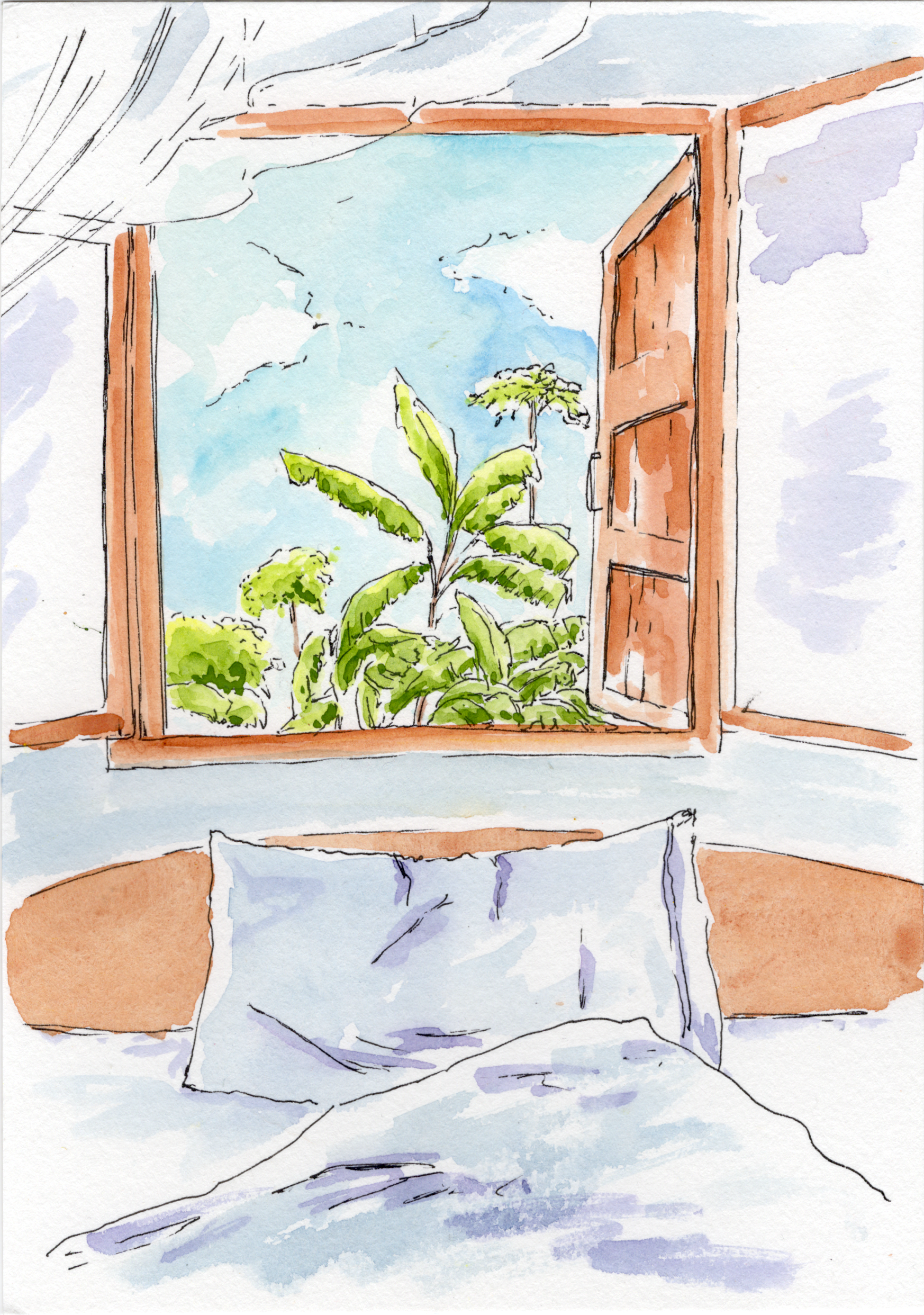 Vue de ma chambre des 4000 îles - 14,8x21 cm - aquarelle, encre de Chine