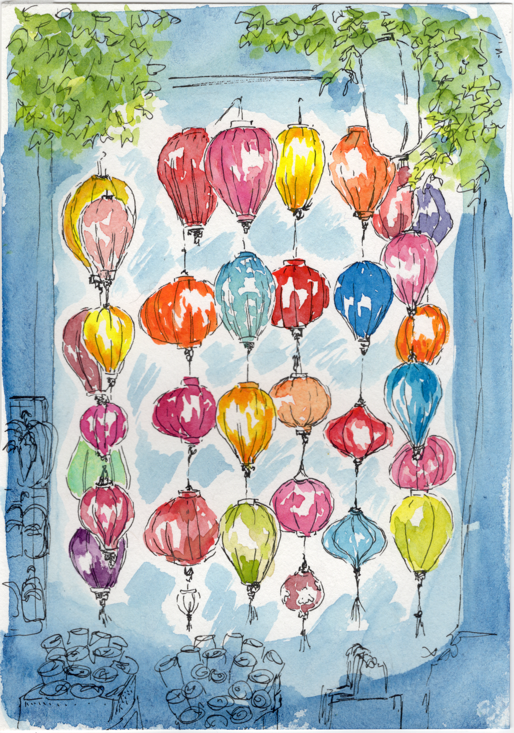Hoi An lanternes - 14,8x21 cm - aquarelle, encre de Chine