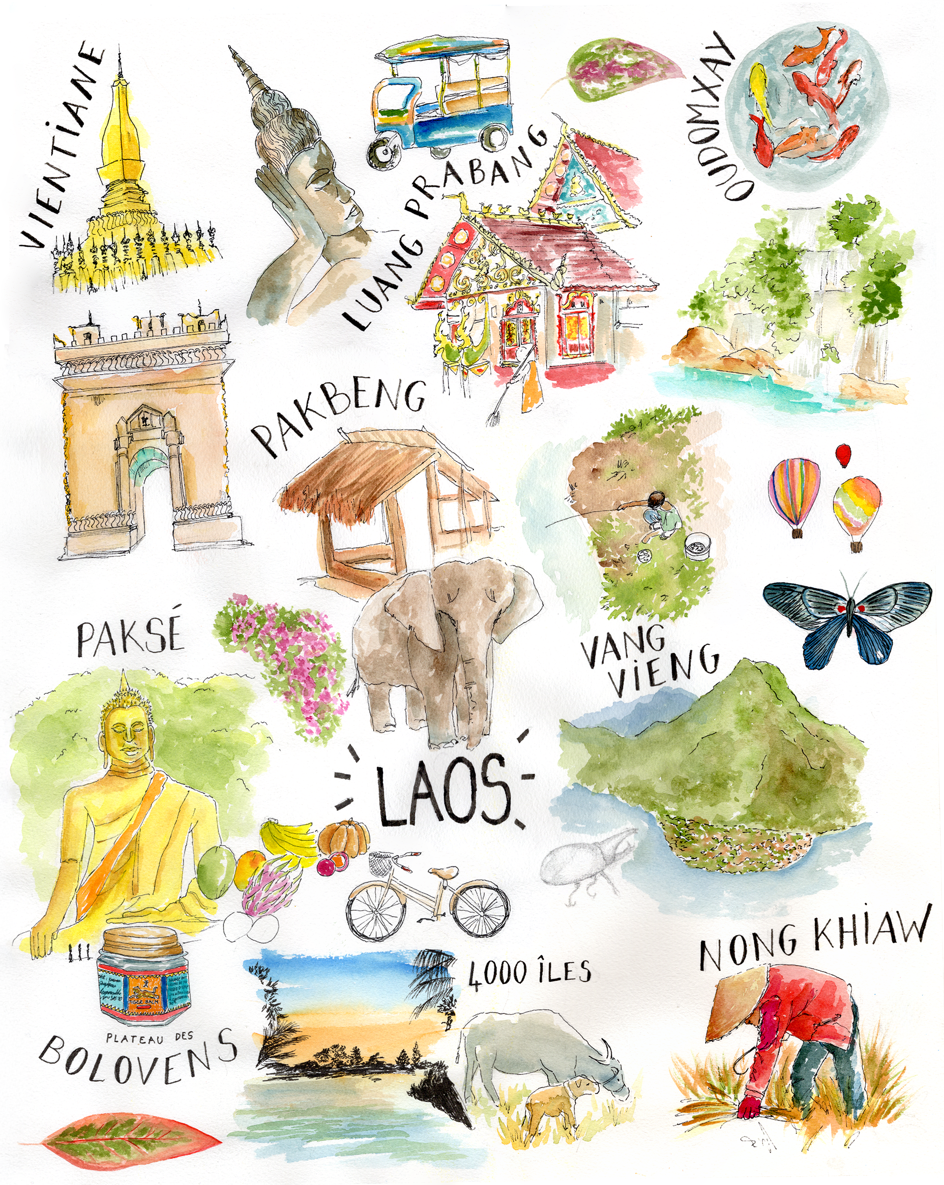 Laos - 41x51 cm - aquarelle, encre de Chine, graphite