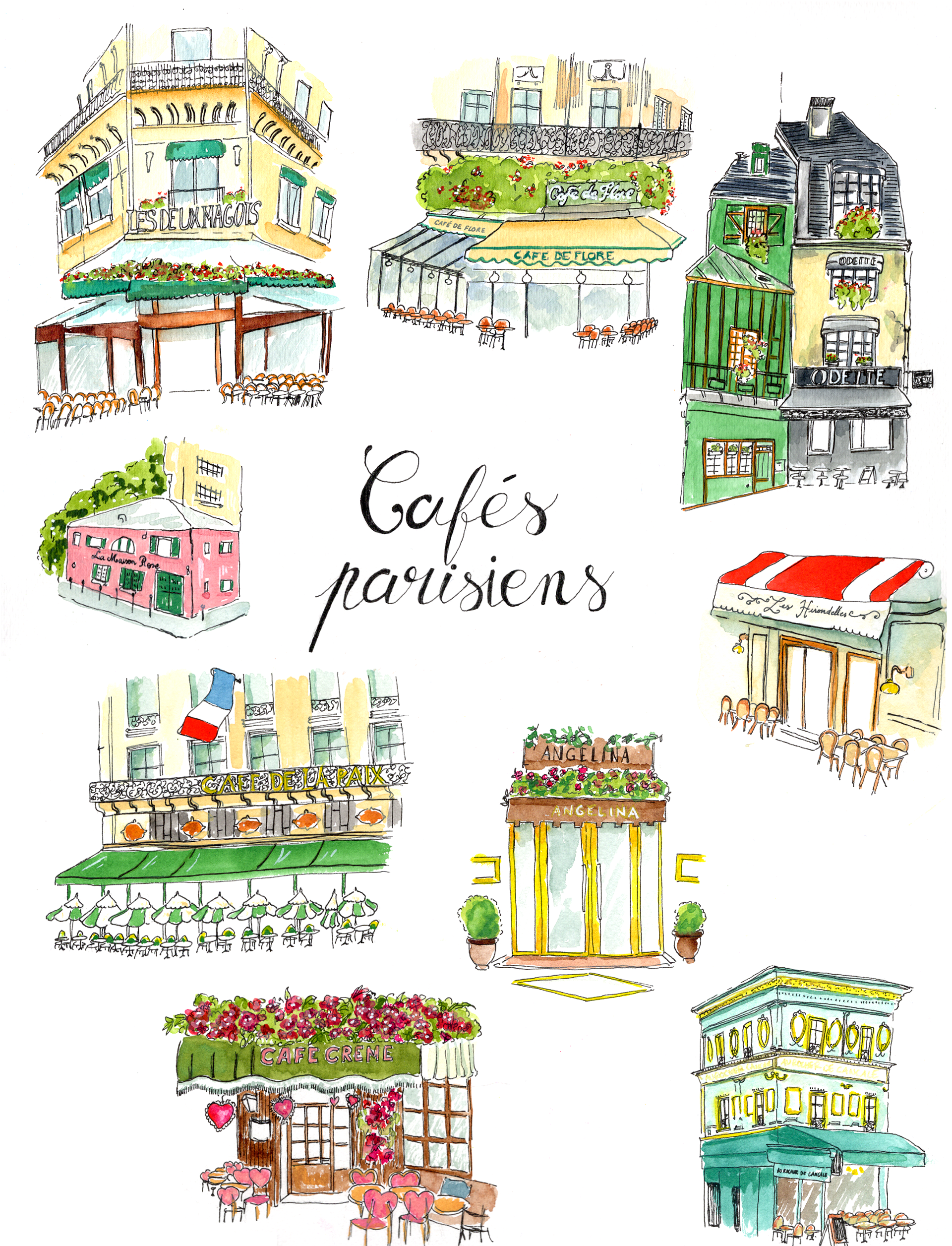 Cafés parisiens, 31x41 cm, aquarelle et encre de Chine