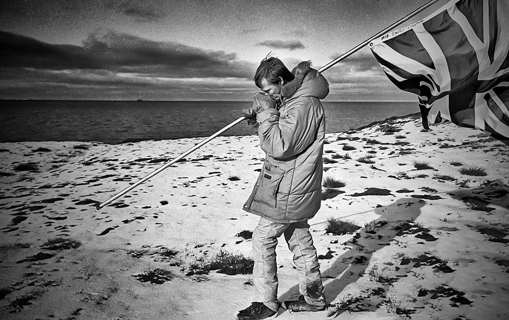 Prudhoe Bay, Alaska 1983. British adventurer George Meegan completes his 2,425 day walk of the Western Hemisphere from the southern tip of South America to the northernmost part of Alaska at Prudhoe Bay. He weeps as he takes the last few steps to complete his marathon journey.