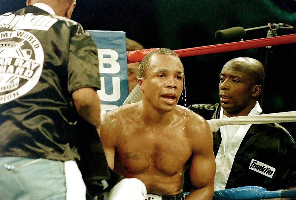Atlantic City, Nj; March 1, 1997. "Sugar" Ray Leonard v Hector "Macho"Camacho. The great World Champion and holder of five belts "Sugar" Ray Leonard answers the bell for the fifth and last round as a professional fighter.