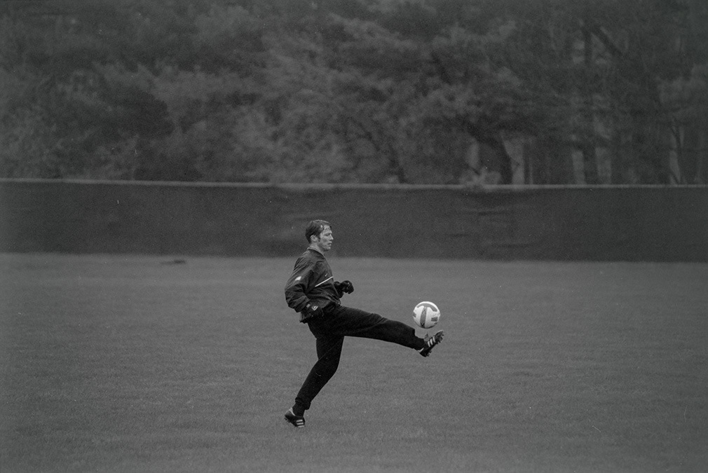 Montclair, Nj; 2000. Germany's World Cup winning captain Luther Matthaus trains alone on a soaking wet rainy Saturday morning for a match with the New York Metros later in the day/