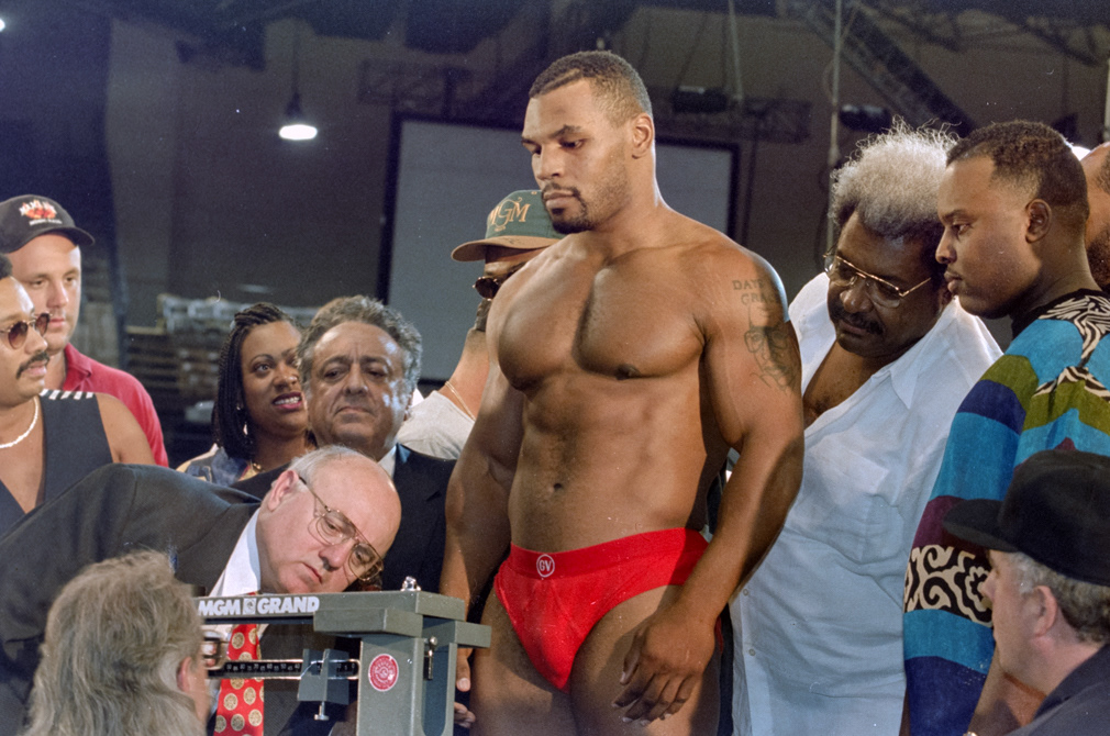 Las Vegas. Aug 17, 1995. Mike Tyson weigh's-in for his fight with Peter Mc Neeley. Tyson's first fight since being released from prison