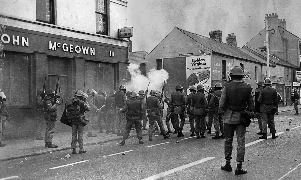 Belfast, N.Ireland. July 1 ,1970. British troops fire CS gas from The Falls Road into Leeson Street.