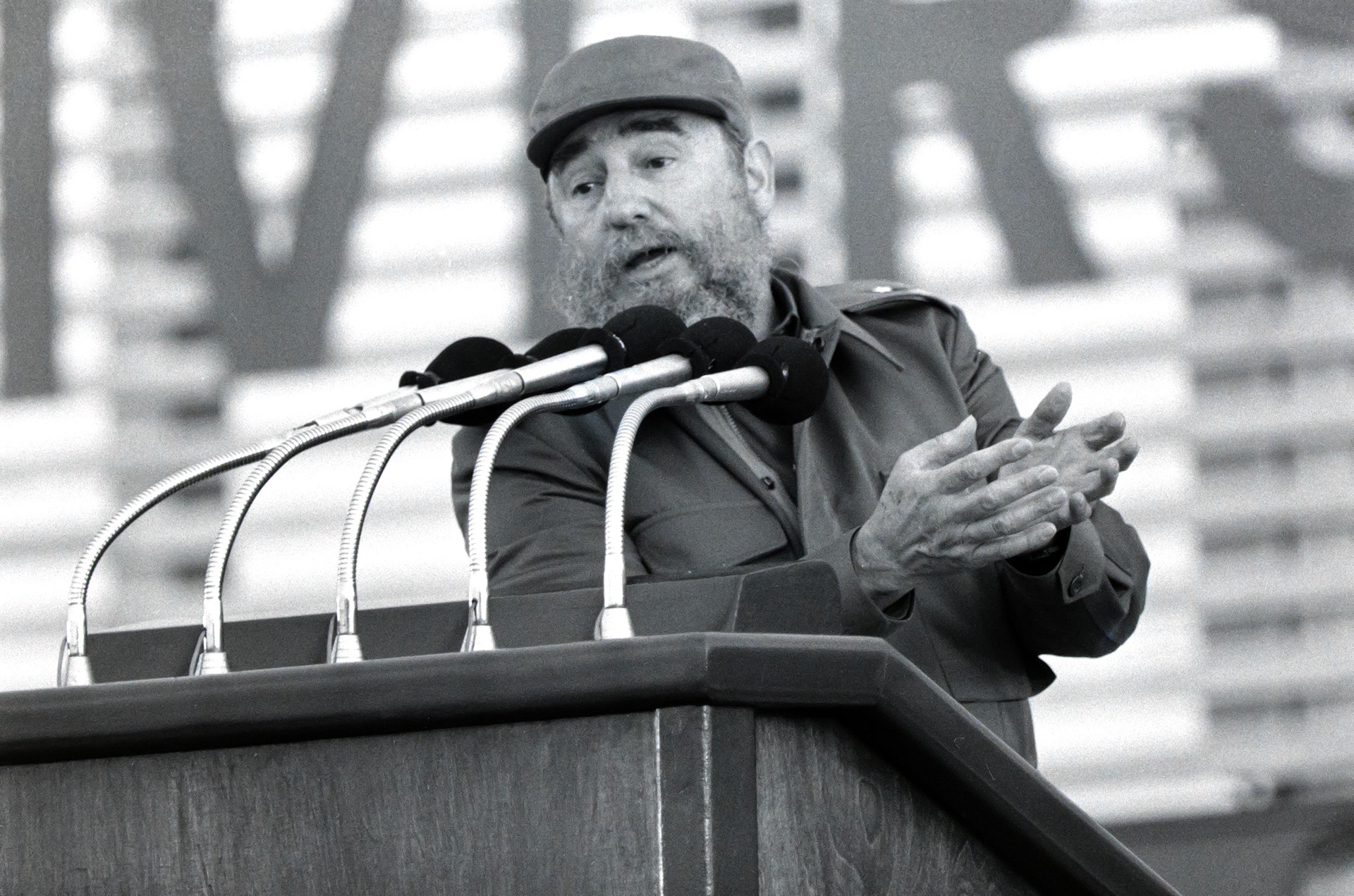 Havana, Cuba 1986. Cuban leader Fidel Castrop addresses thousands of union delegates from around the World.