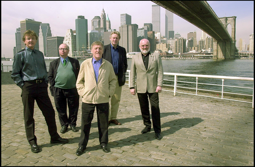 Brooklyn, Ny; March 17, 2001. The Irish musical group The Chieftains under The Brooklyn Bridge, L/R Kevin Conneff, Derek Bell, Paddy Moloney, Sean Keane and Matt Molloy.