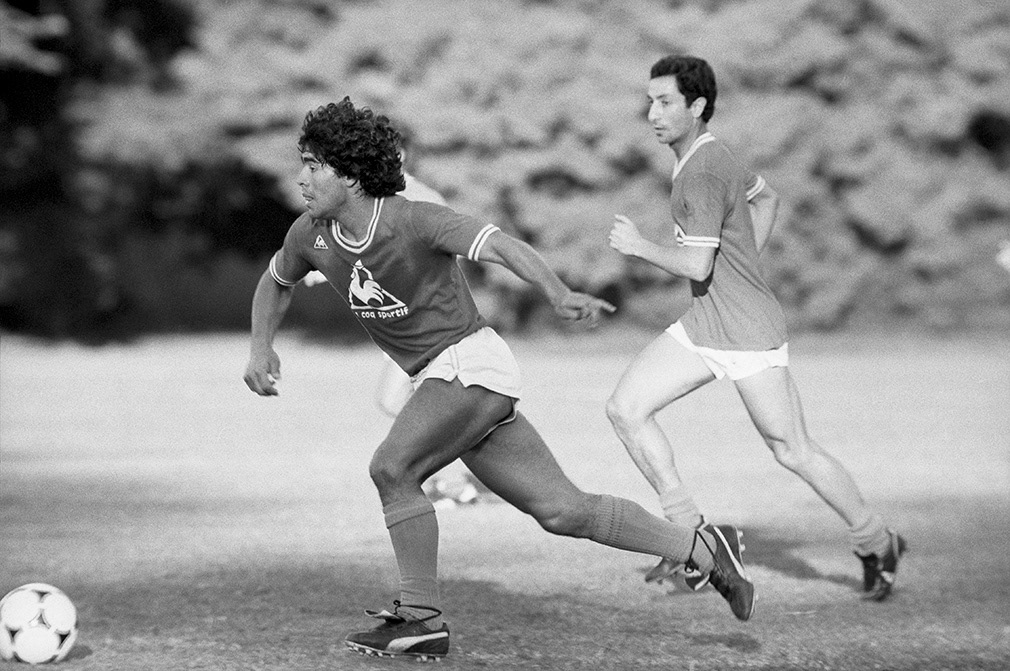 Buenos Aires, April 20, 1982. Diego Maradona trains with the Argentine National team prior to The World Cup in Spain..