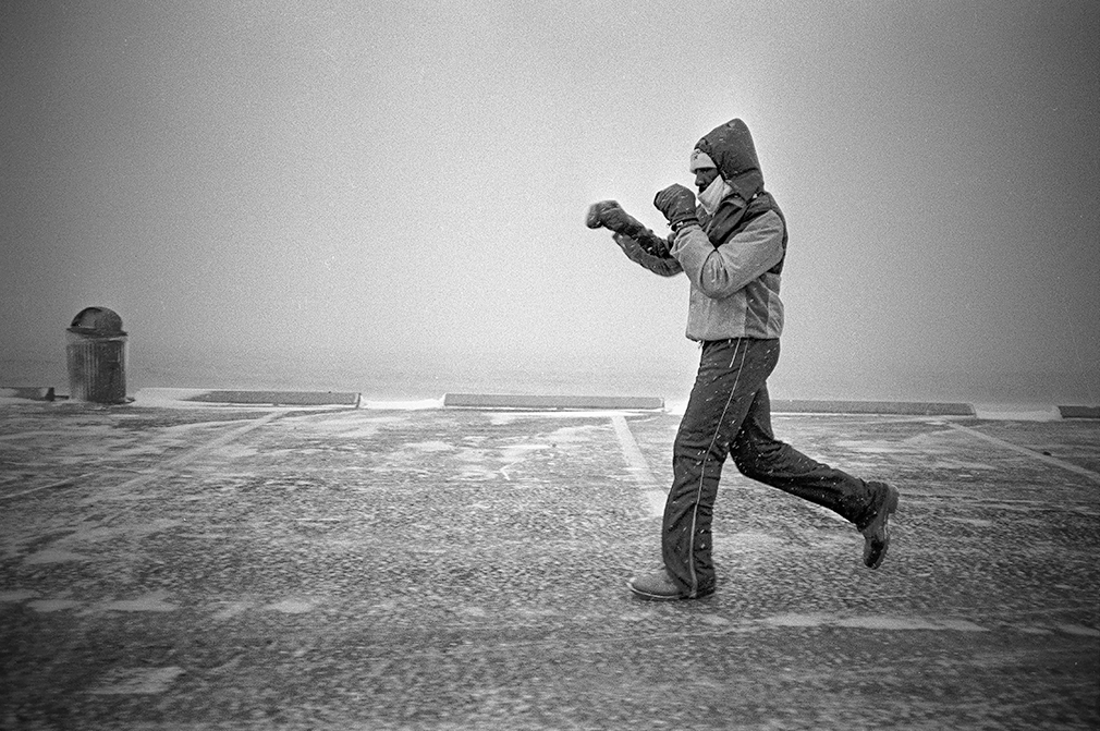 Provincetown, Mass; 1983. World Middleweight Champion Marvin Hagler trains during a snowstorm for his fight with Britains Tony Sibson.