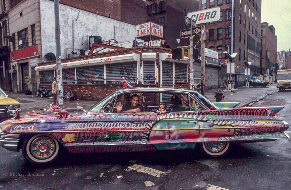 Lower Ease Side, New York City. Jan 1, 1991. Pop artist Kenny Scharf and his Fun-Cadillac.