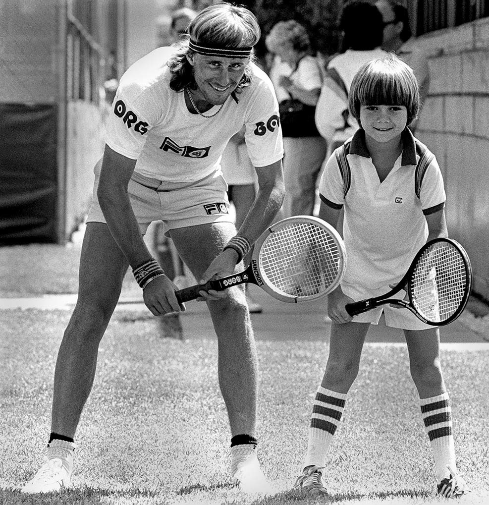 Las Vegas, Nv; April 26, 1979. Bjorn Borg and 8 year-od Andre Agassi at Caesars Palace Hotel & Casino.