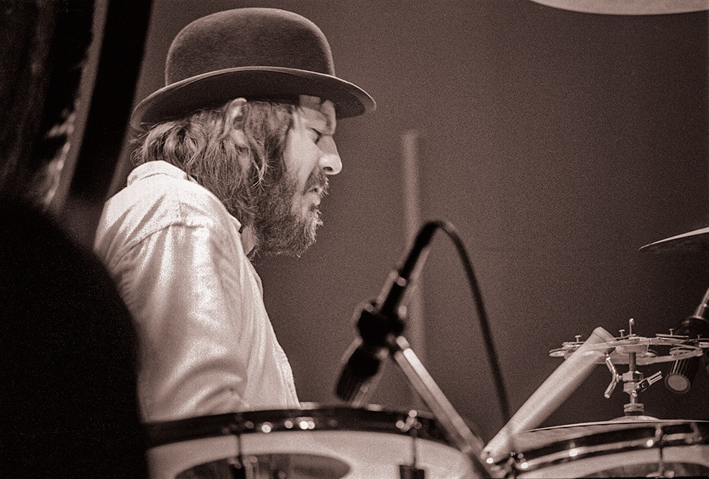 Jan 31, 1975. Led Zeppelin's drummer John Bonham performing with fellow musicians of Led Zeppelin, John Paul-Jones, Robert Planrt and Jimmy Page.