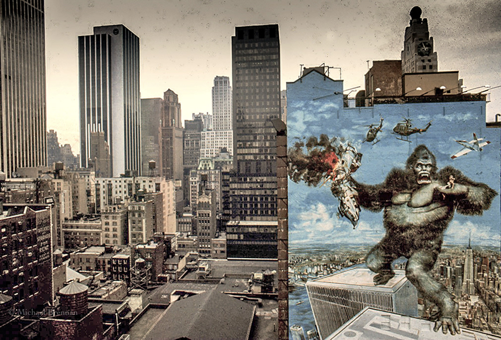 New York City. Movie mural for King Kong with the Manhattan skyline.