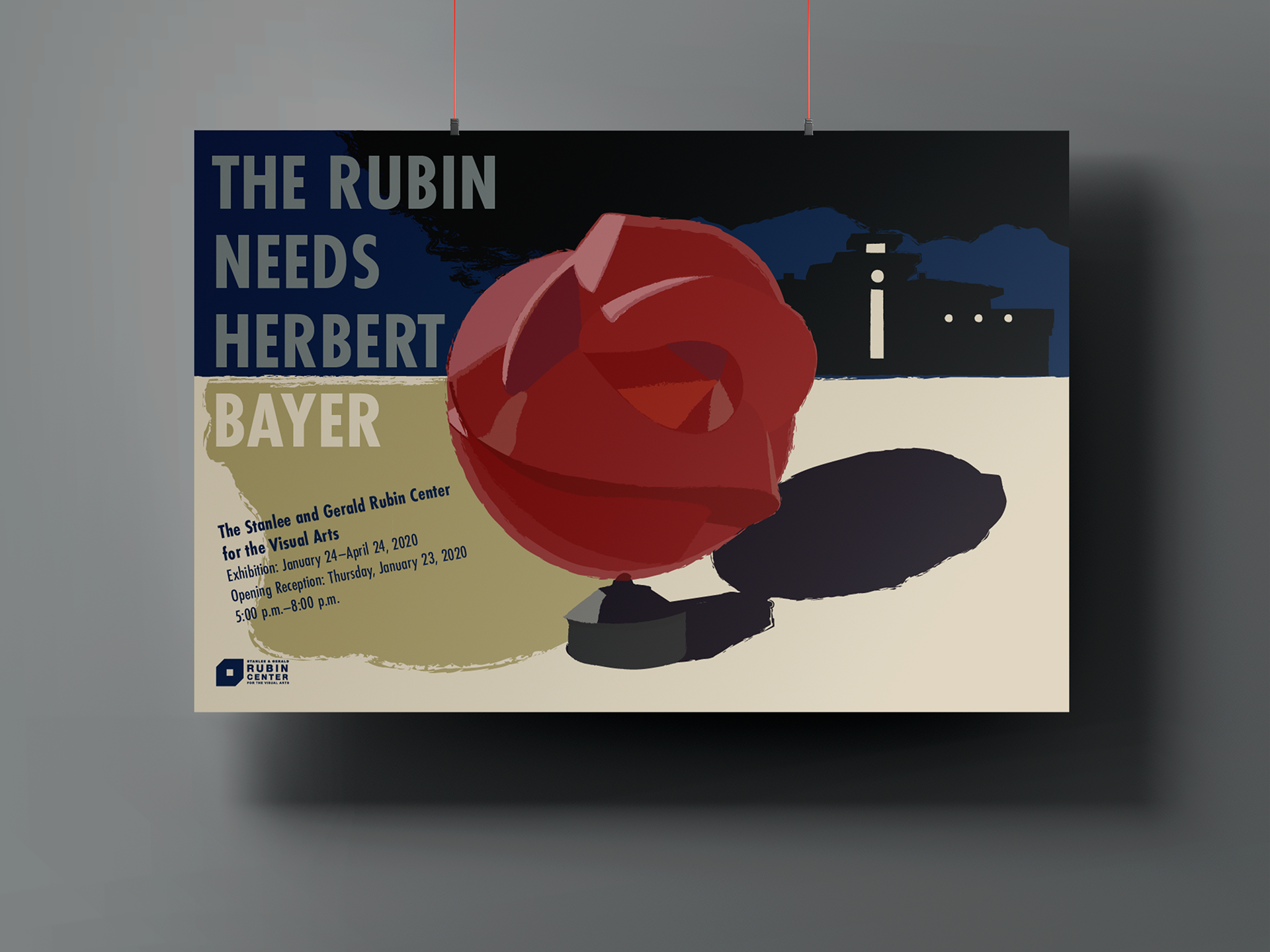 Herbert Bayer at Utep poster having as the main focus the red sphere outside the fox fine arts building at Utep while in the blue and black background you could see the Utep architecture style. The text appears on the left side of the poster.
