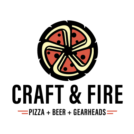 Craft & Fire Pizza + Beer + Gearhead logo which combines a tire and using the negative spaces of the rim to create red pizza slices.